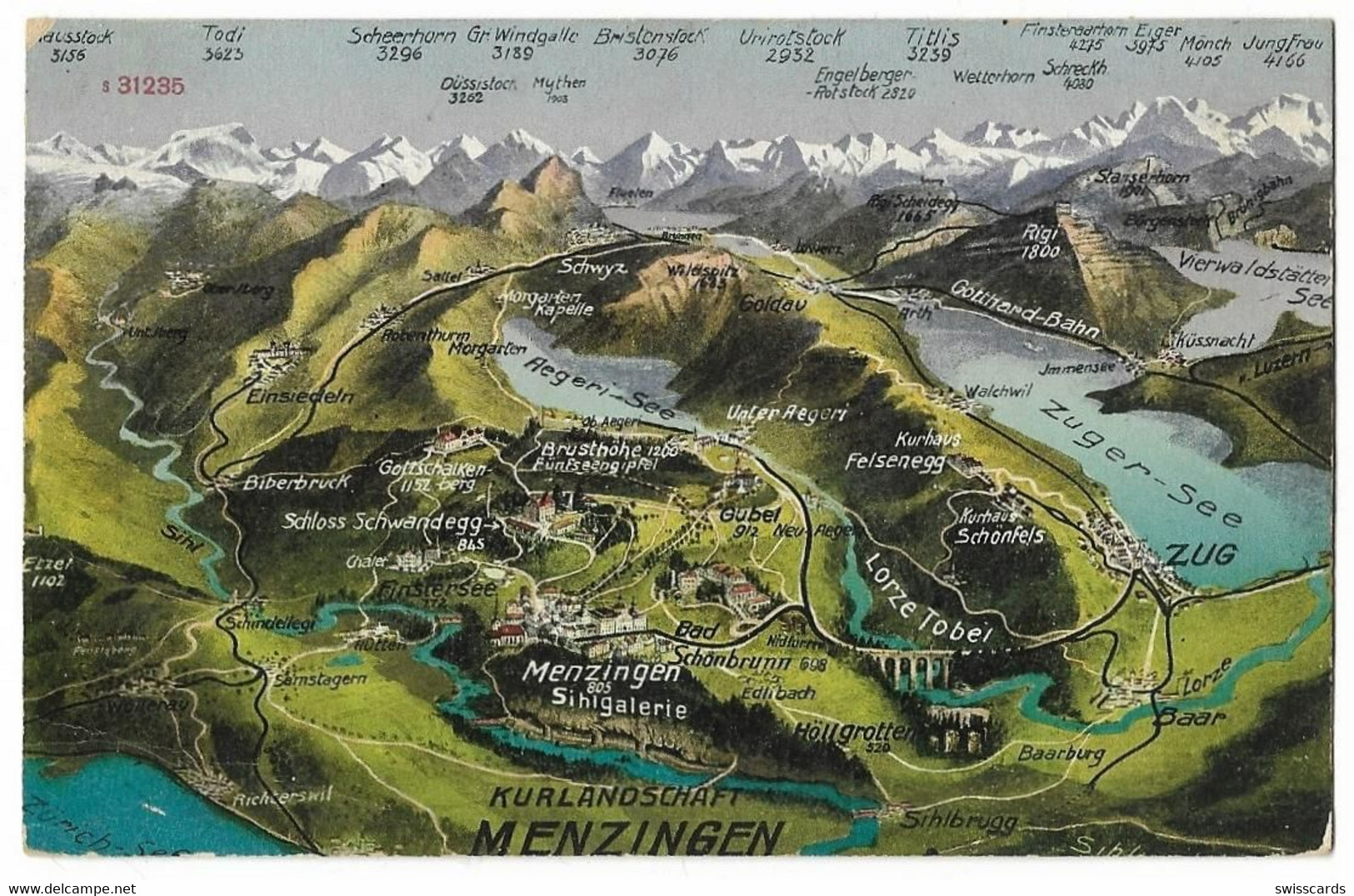 Panorama-AK: MENZINGEN Kurlandschaft Mit Seen Und Alpen ~1910 - Menzingen