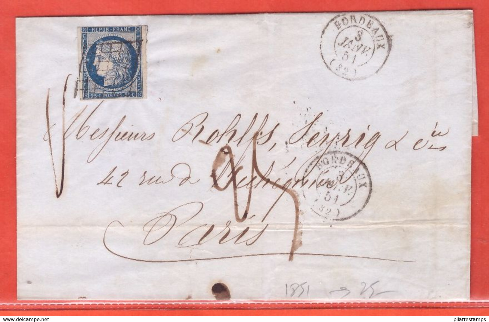 FRANCE LETTRE DE 1851 DE BORDEAUX POUR PARIS - 1849-1850 Cérès