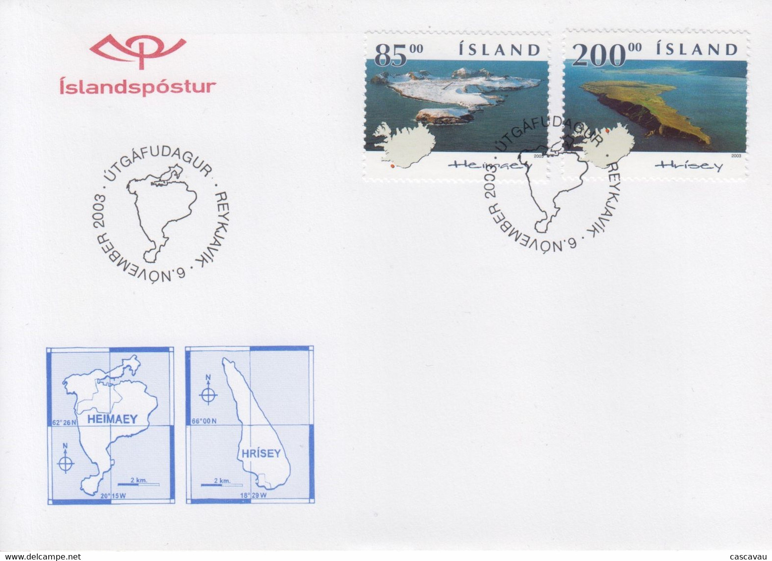 Enveloppe  FDC  1er  Jour    ISLANDE   Iles  :  HEIMAEY  Et  HRISEY   2003 - FDC