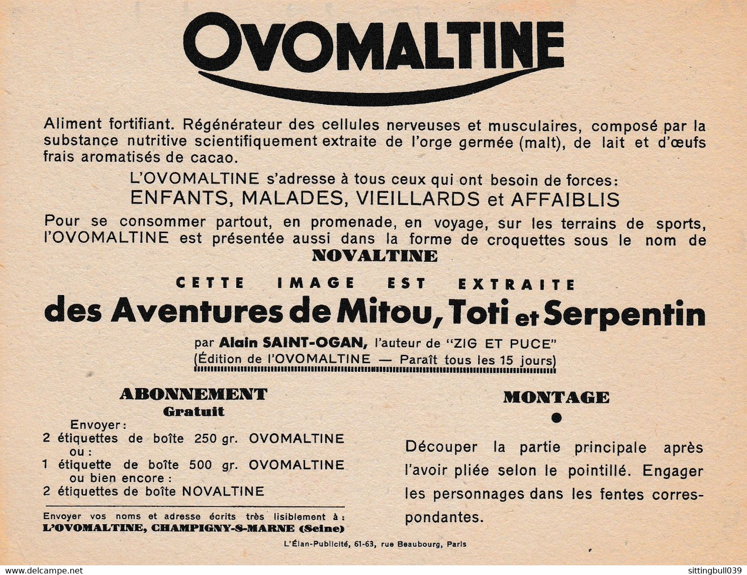 ALAIN SAINT-OGAN.Les Aventures De Mitou Toti & Serpentin. RARE PUB OVOMALTINE. Dessin Inédit De L'auteur De ZIG Et PUCE - Objets Publicitaires