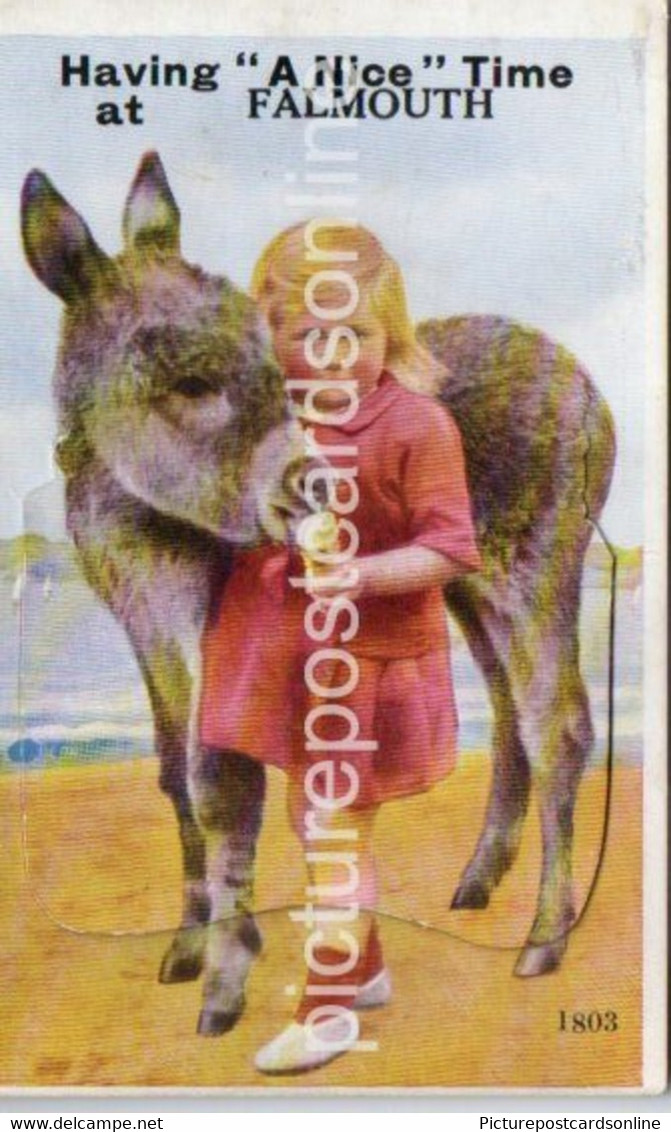 FALMOUTH HAVING A NICE TIME OLD COLOUR NOVELTY PULL OUT VIEWS POSTCARD CORNWALL GIRL AND DONKEY - Falmouth