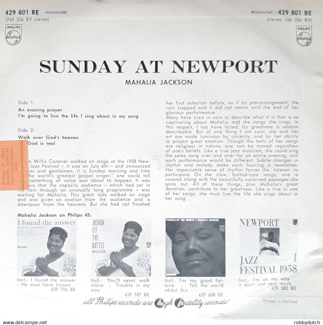 * 7" EP *  MAHALIA JACKSON - SUNDAY AT NEWPORT (Holland 1958 EX-!) - Gospel & Religiöser Gesang