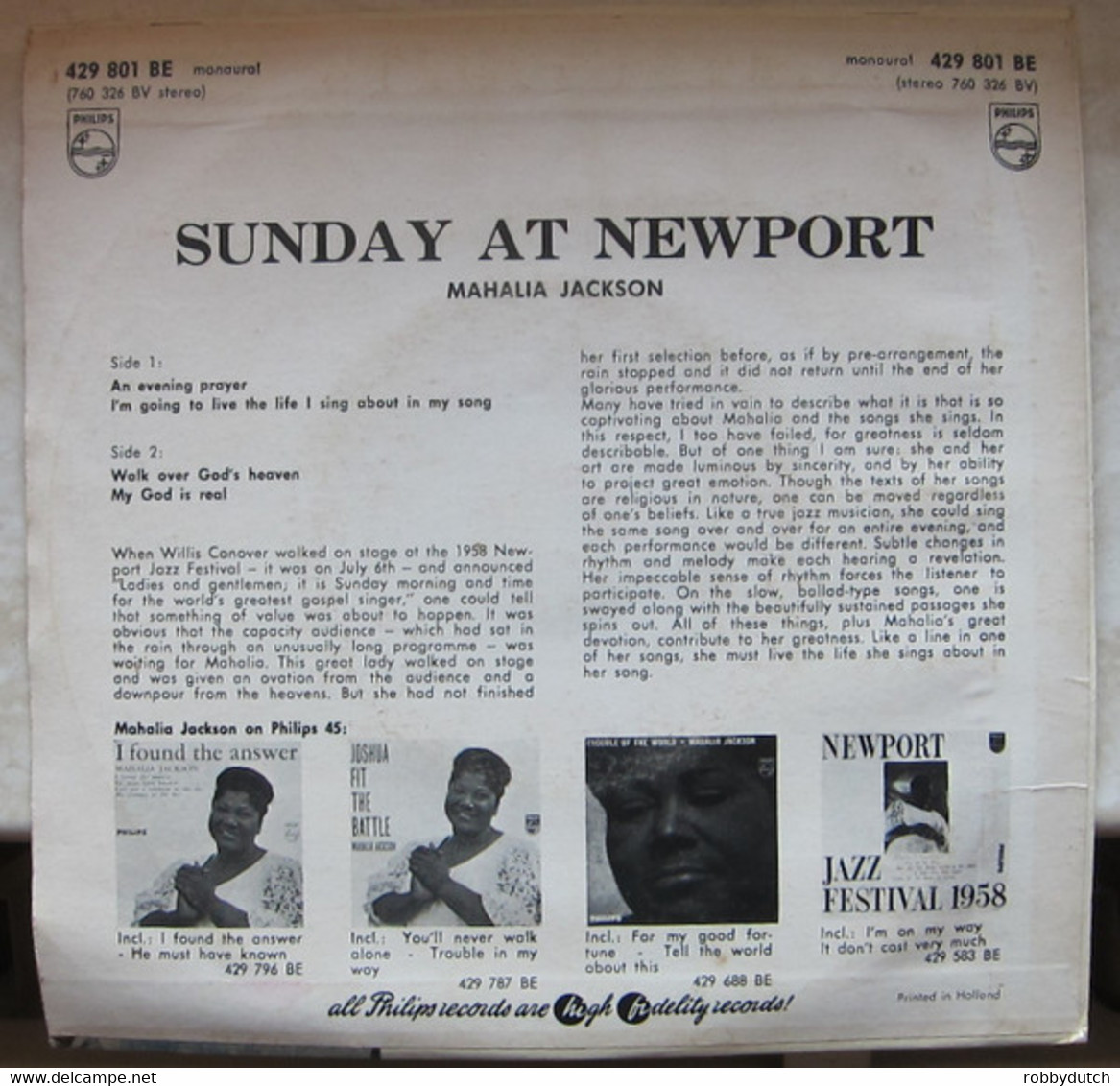 * 7" EP *  MAHALIA JACKSON - SUNDAY AT NEWPORT (Holland 1958 EX-!) - Religion & Gospel