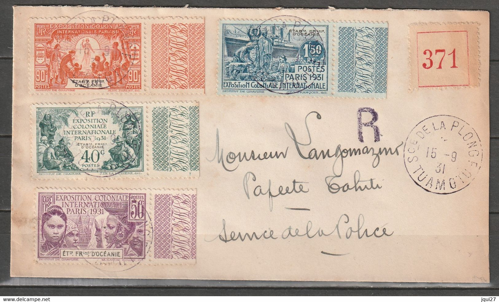 N° 80 - 83 Exposition Coloniale Lettre Recommandée De Tuamotu Pour Tahiti Oblitération Sce De La Plonge 15/09/1931 - Covers & Documents