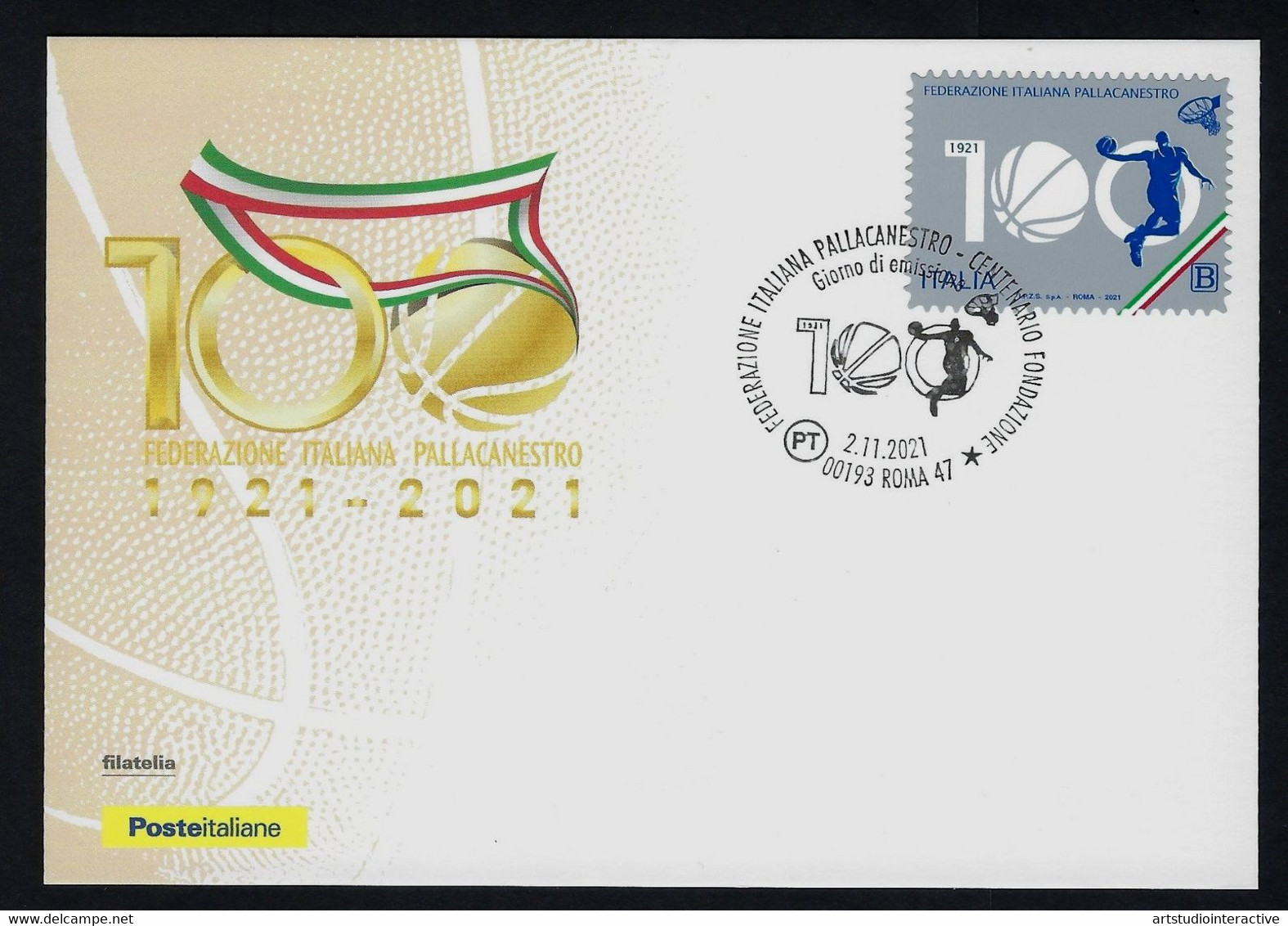 2021 ITALIA "100° ANNIVERSARIO FONDAZIONE FEDERAZIONE ITALIANA PALLACANESTRO" CARTOLINA FILATELICA FDC (ANN. ROMA) - FDC