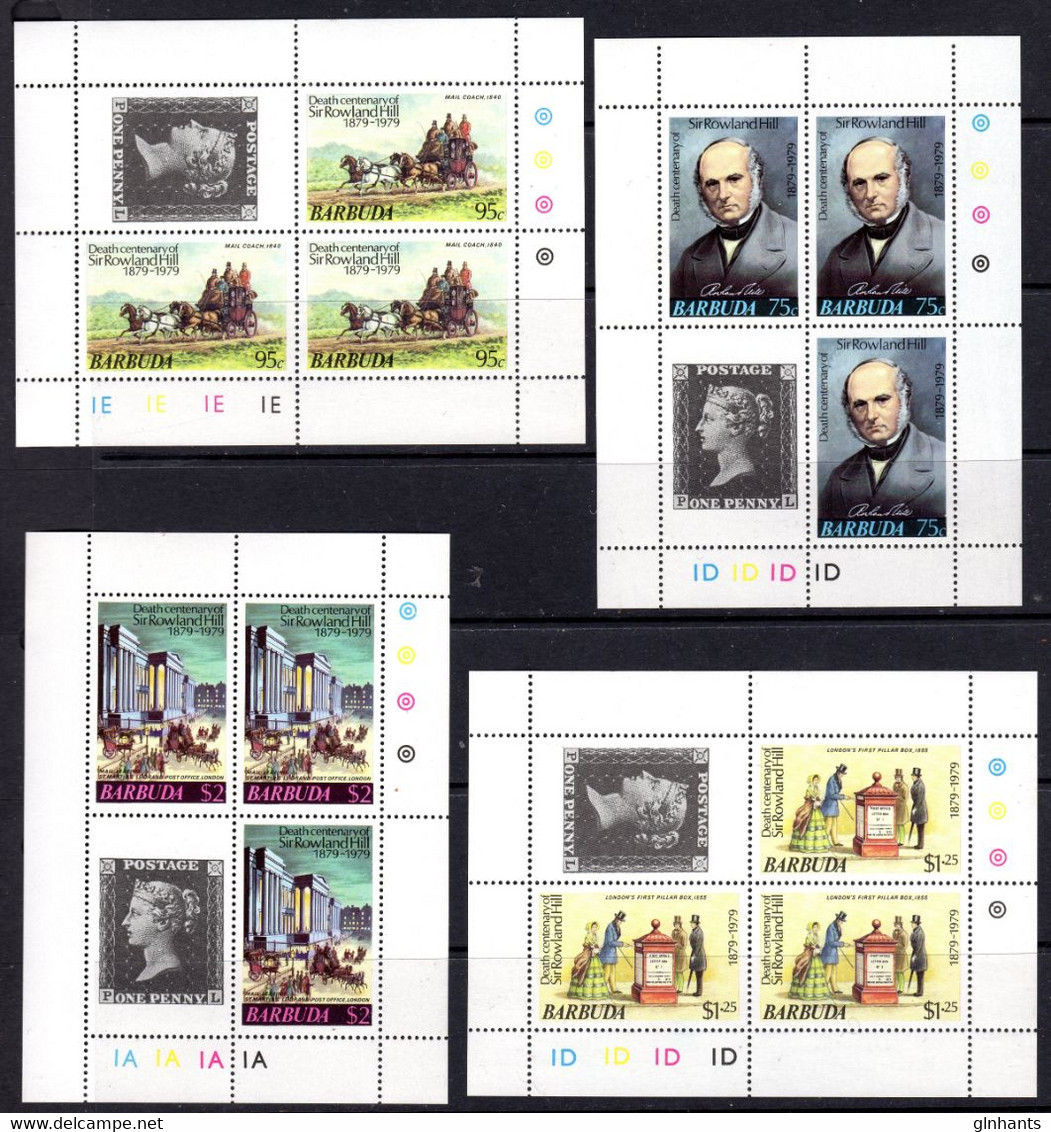 BARBUDA - 1979 ROWLAND HILL ANNIVERSARY SET IN SHHETLETS OF 3 + LABEL FINE MNH ** SG 447-450 - Barbuda (...-1981)