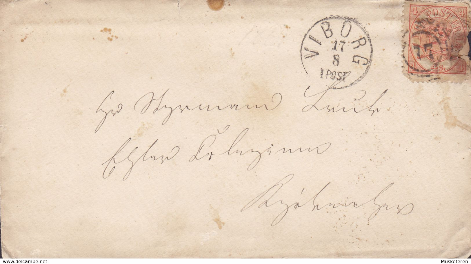 Denmark VIBORG Number '77' Cancel Cover Brief Lettre KJØBENHAVN (Arr.) 4 Skilling Crown-Scepter Single Franking (2 Scans - Covers & Documents