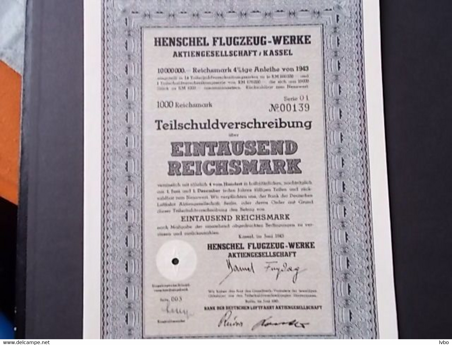 Teilschuldverschreibung Henschel  Flugzeug-Werke  1000 Reichsmark - Luchtvaart