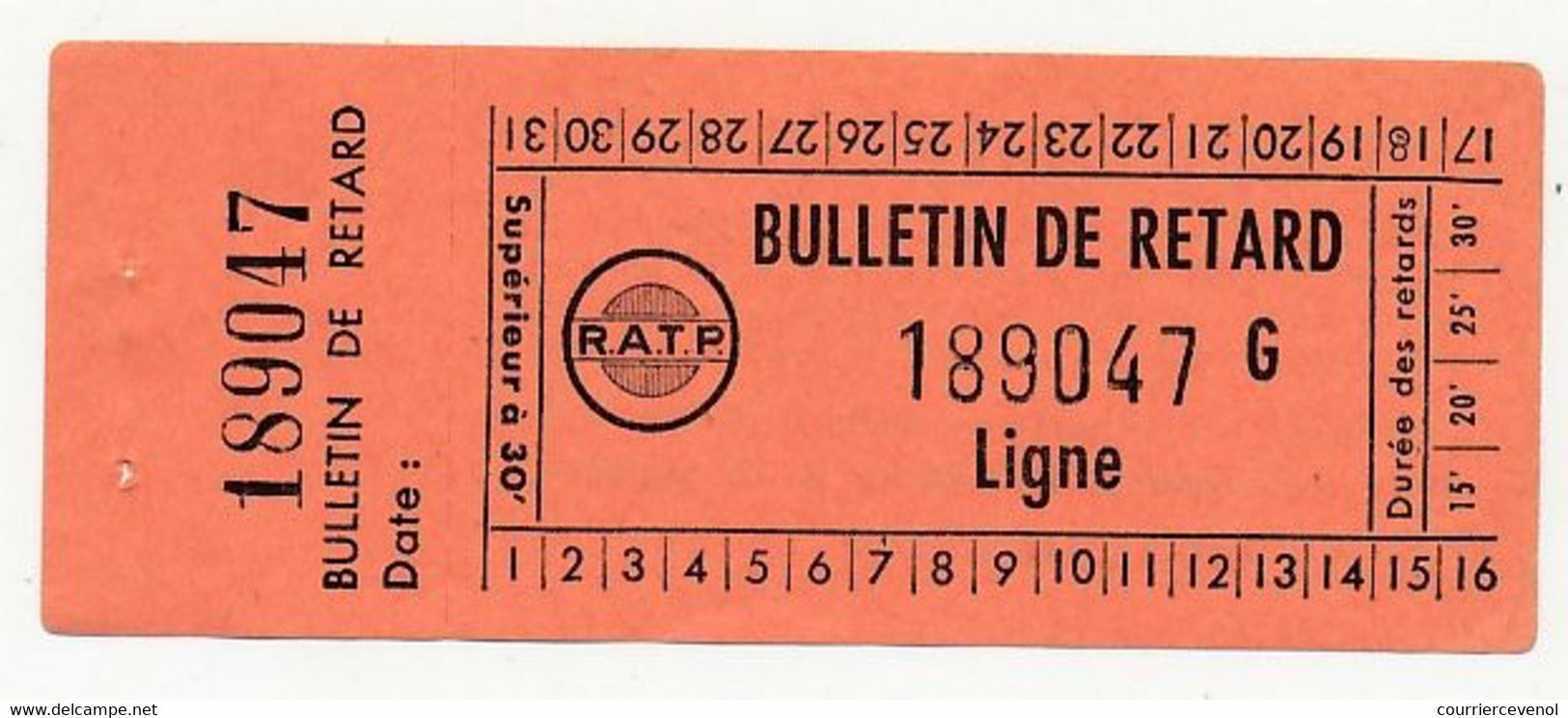 PARIS R.A.T.P. - Bulletin De Retard RATP (Réseau Routier) Avec Sa Souche - 189047 G - Europe