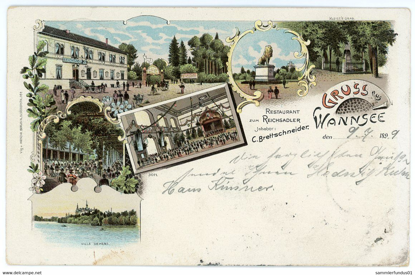 AK/CP Litho Berlin Wannsee    Restaurant Zum Reichsadler     Gel./circ. 1899     Erhaltung/Cond. 2/2-  ,   Nr. 01507 - Wannsee