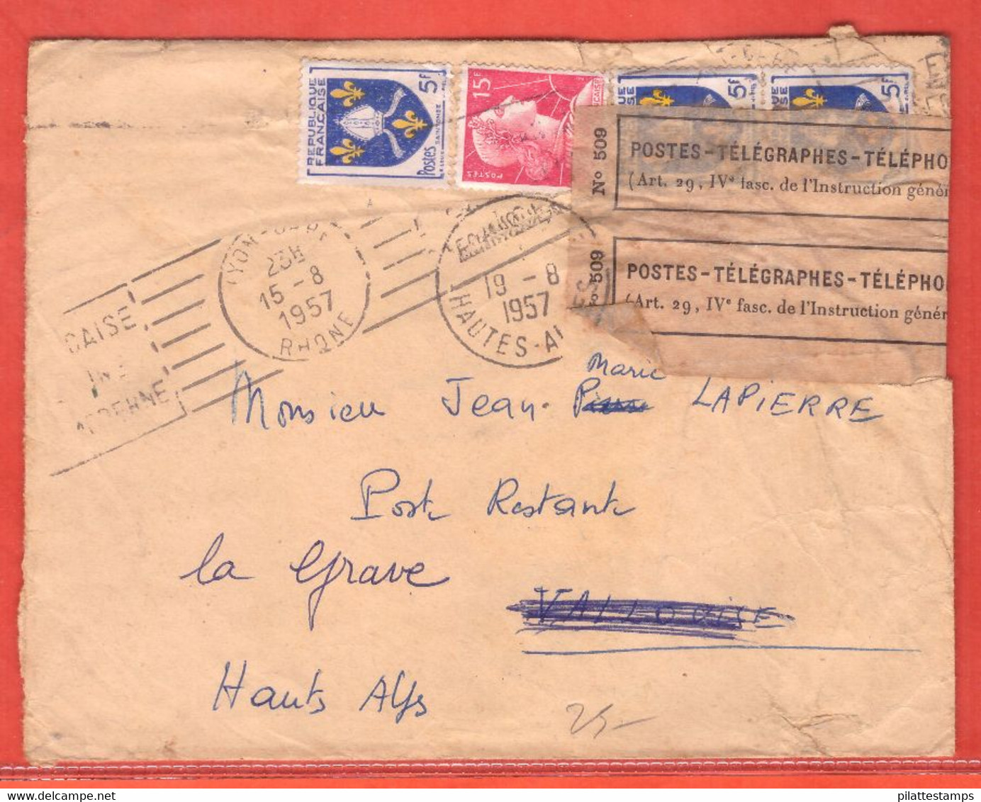 FRANCE LETTRE TAXEE ET ACCIDENTEE PAR LA POSTE DE 1957 DE LYON - Lettere Accidentate