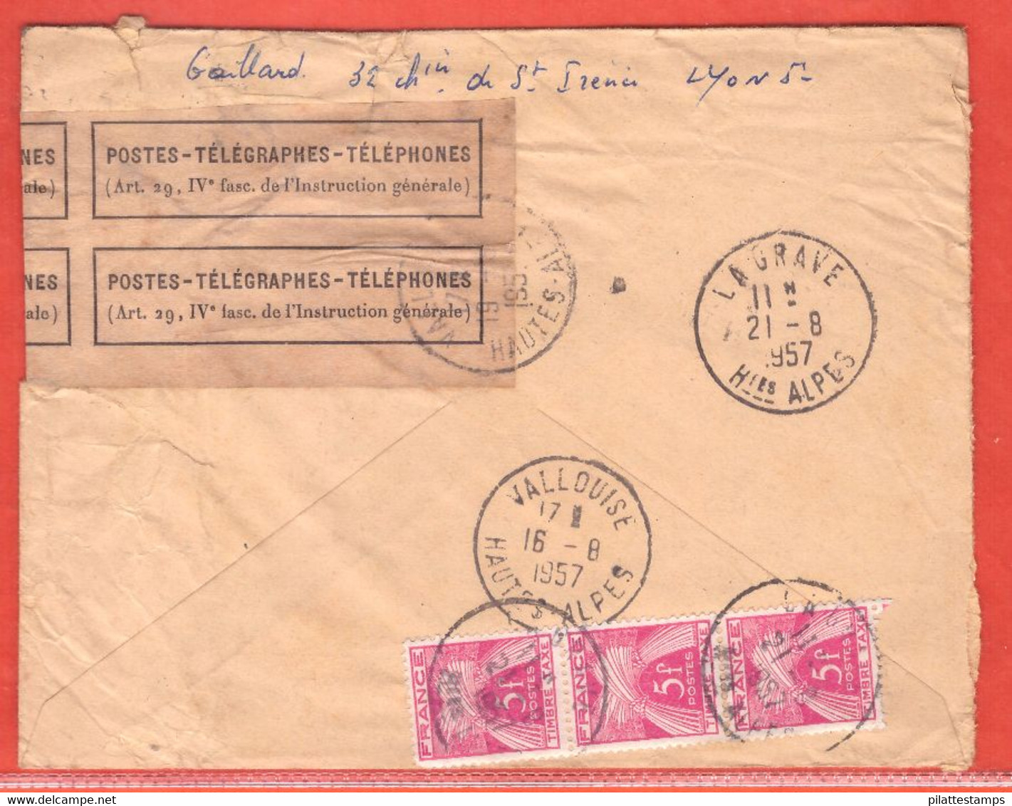 FRANCE LETTRE TAXEE ET ACCIDENTEE PAR LA POSTE DE 1957 DE LYON - Lettres Accidentées