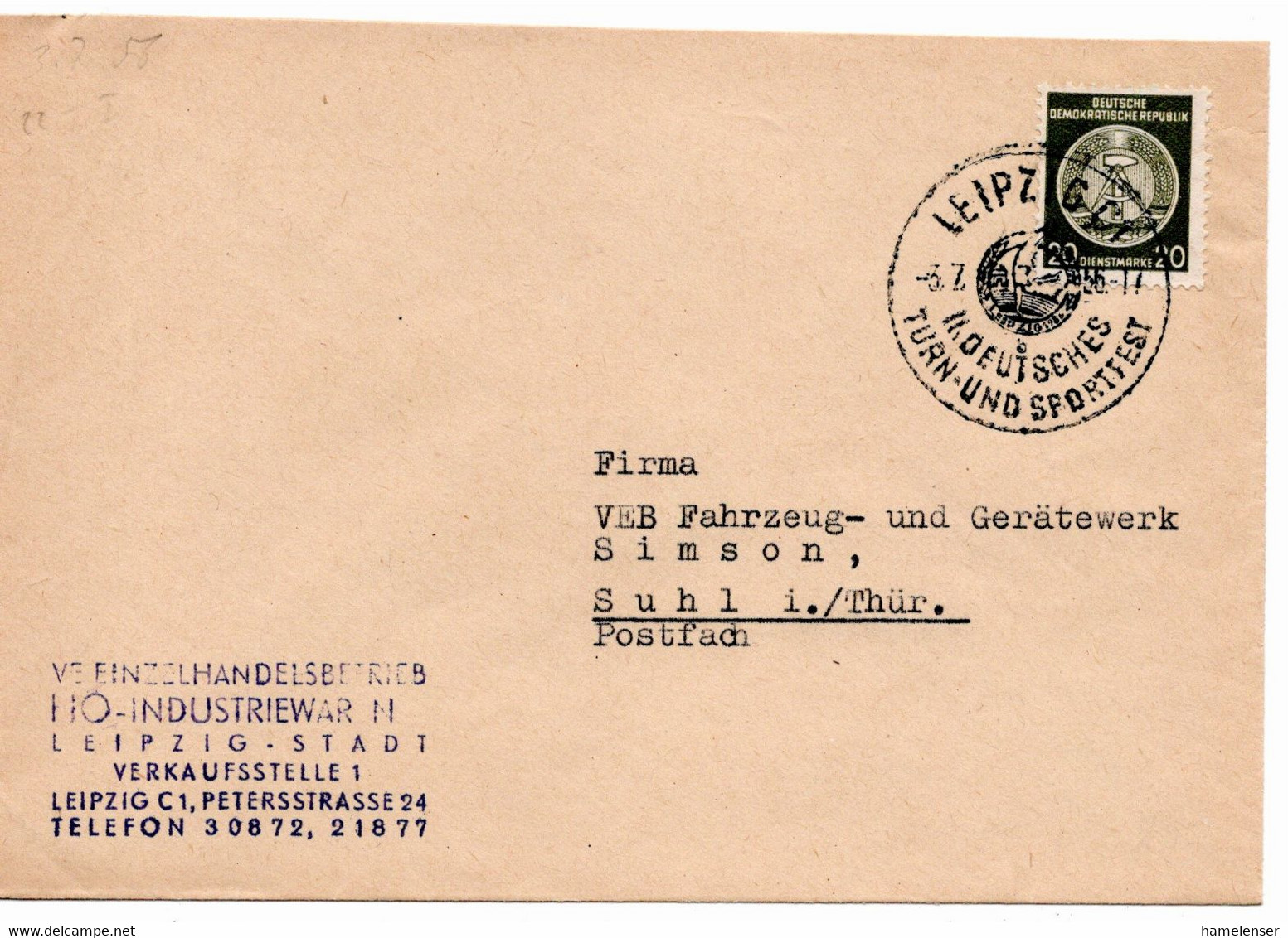 54806 - DDR / Dienst - 1956 - 20Pfg Zirkel Rechts EF A Bf LEIPZIG - II.DEUTSCHES TURN- UND SPORTFEST ... -> Suhl - Ginnastica