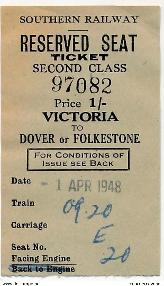 Southern Railway - Billet Aller-Retour Calais Londres 2eme Classe - Reserved Seat Ticket Victoria - Dover Et Retour - Europa