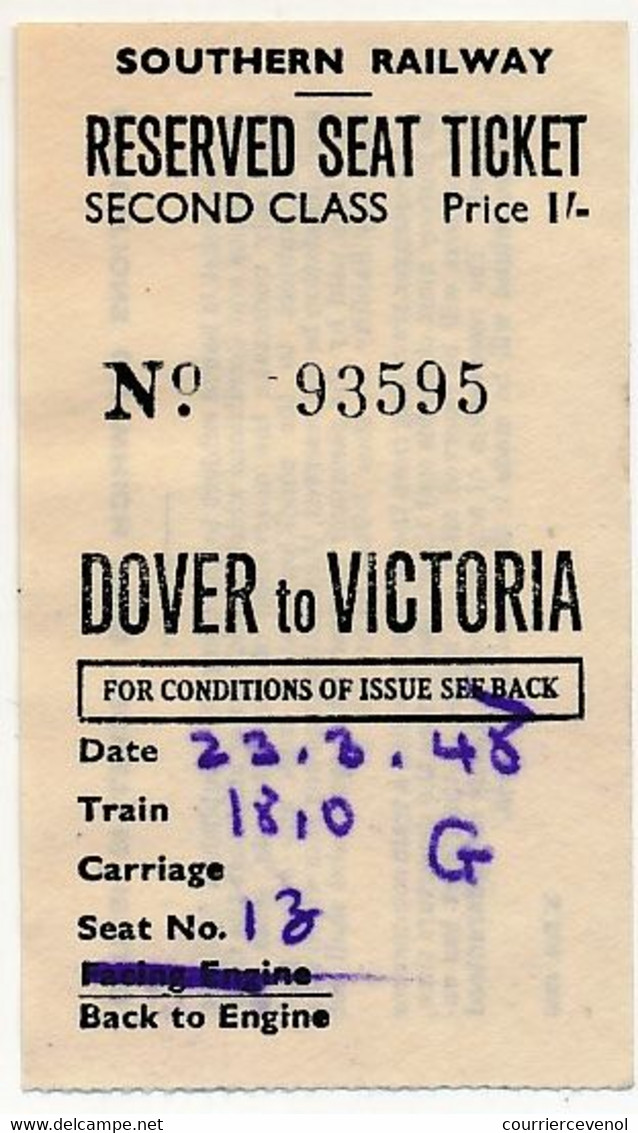 Southern Railway - Billet Aller-Retour Calais Londres 2eme Classe - Reserved Seat Ticket Victoria - Dover Et Retour - Europe