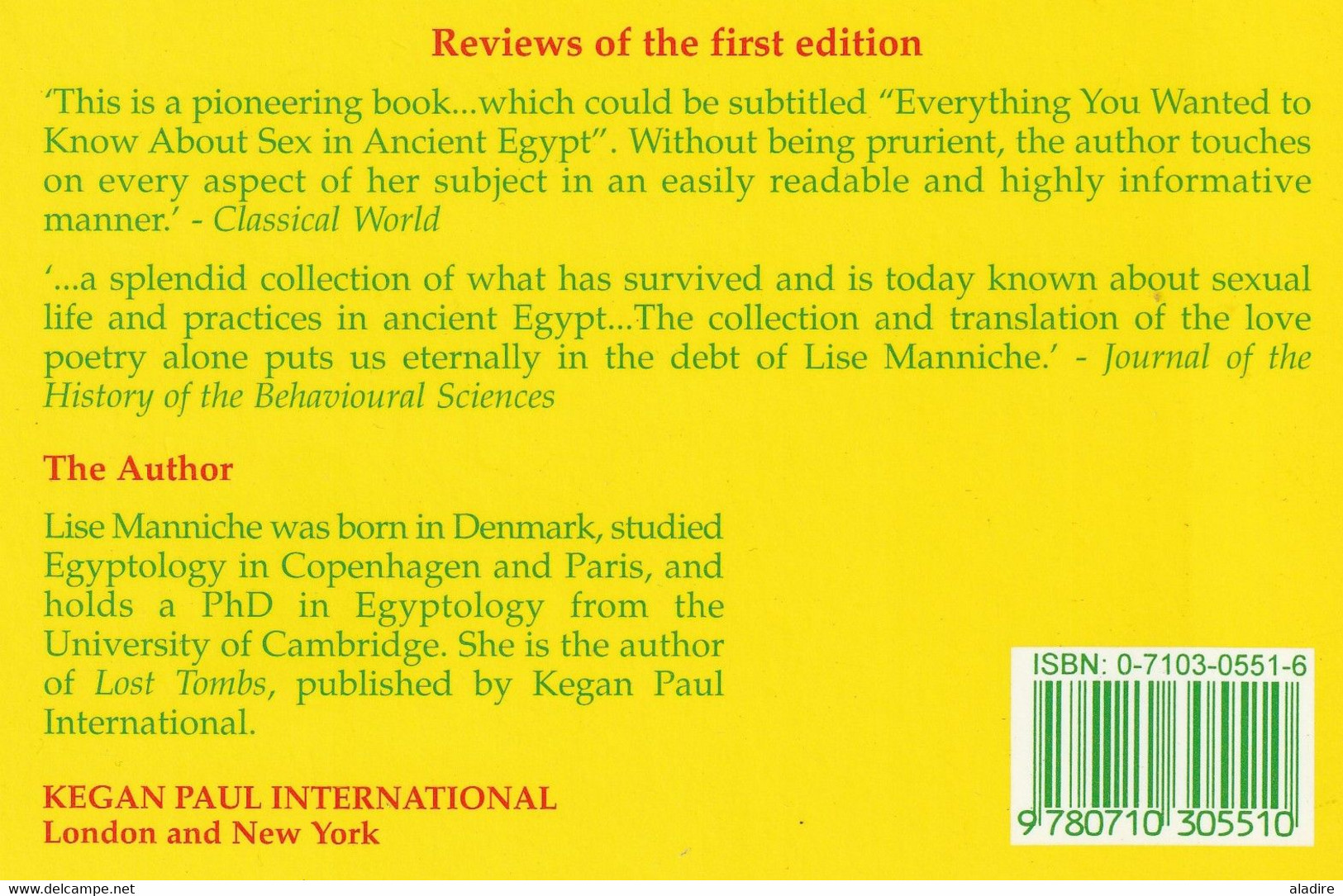 LISE MANNICHE - Sexual Life In Ancient Egypt  - 1997 - Kegan Paul International - London & New York - 127 Pages - Afrika