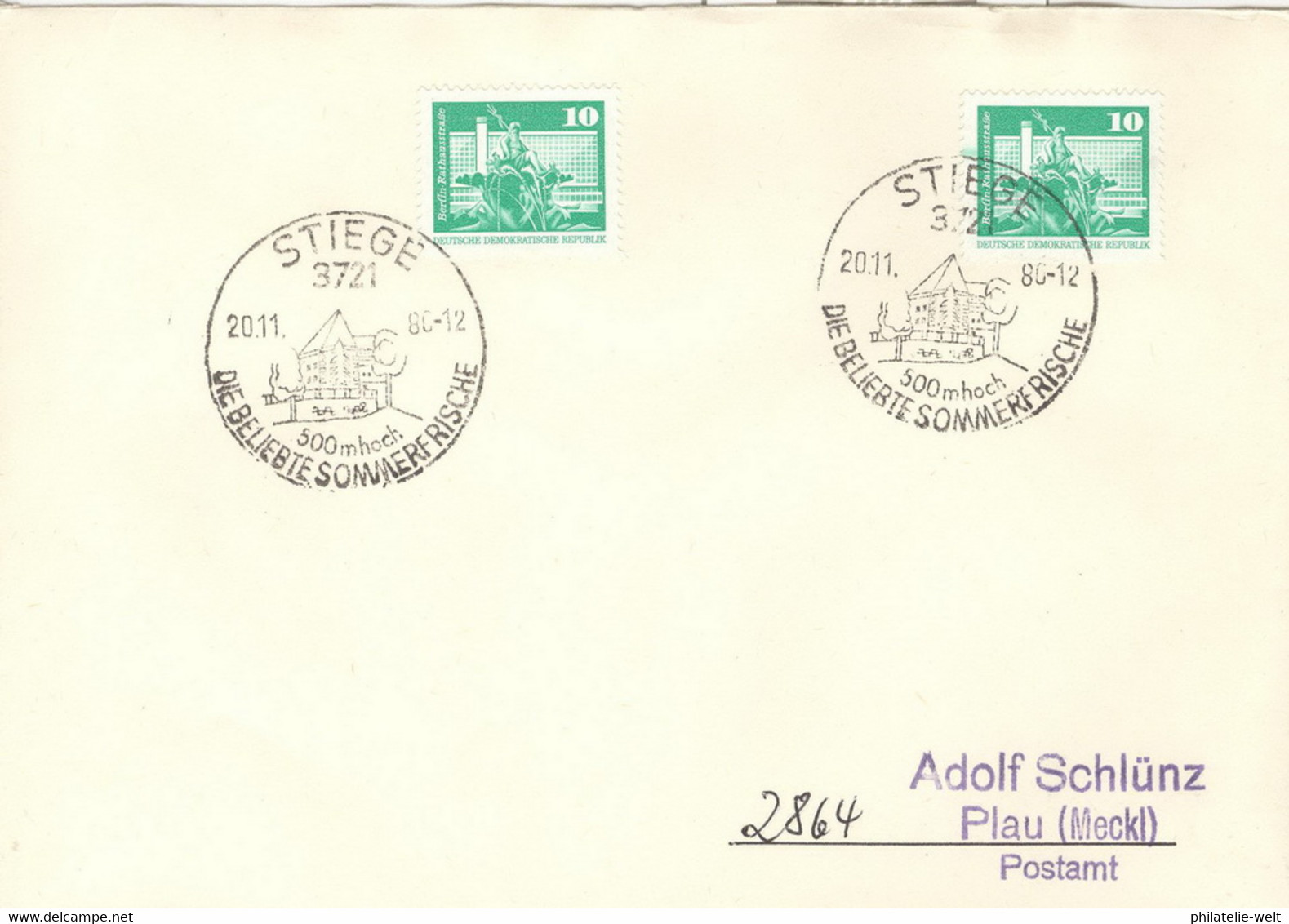 DDR Beleg Mit Sonderstempel Stiege Beliebte Sommerfrische 1980 - Covers & Documents