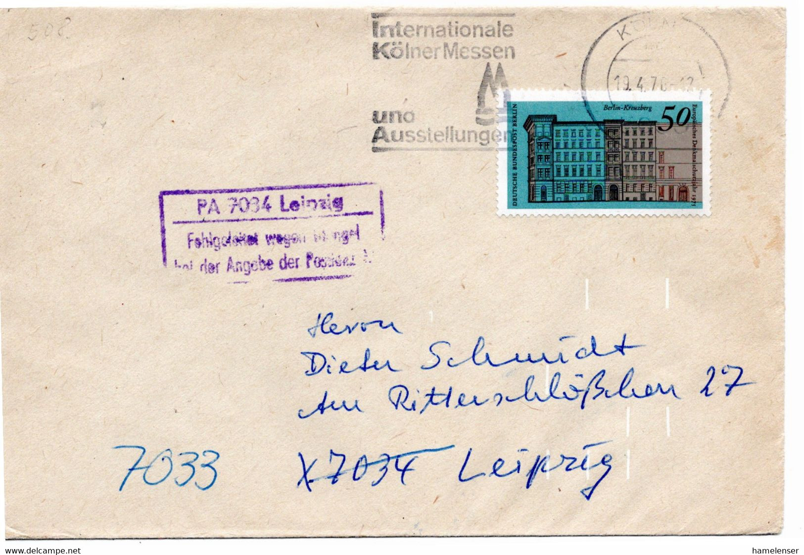 54821 - Berlin - 1976 - 50Pfg Kreuzberg EF A Bf KOELN - ... -> DDR, M Stpl "PA 7034 Leipzig, Fehlgeleitet ..." - Covers & Documents