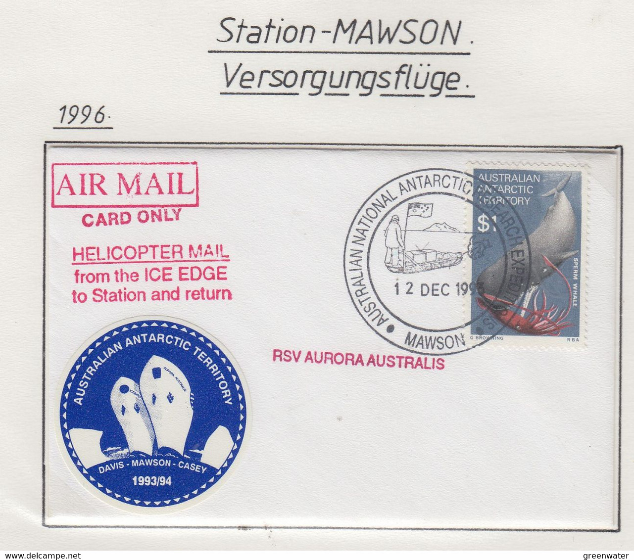AAT Mawson Station Small Cover Heliflight From The Ice Edge To Mawson And Return Ca Mawson 12 DEC 1996 (MN171A) - Andere & Zonder Classificatie