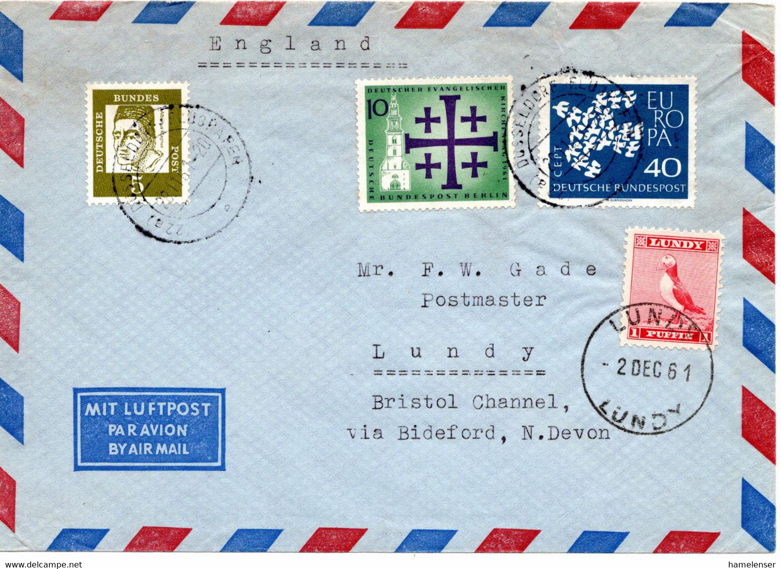 54827 - Bund - 1961 - 40Pfg CEPT '61 MiF A LpBf DUESSELDORF -> LUNDY (Grossbritannien), M Lokalmarke - Ortsausgaben