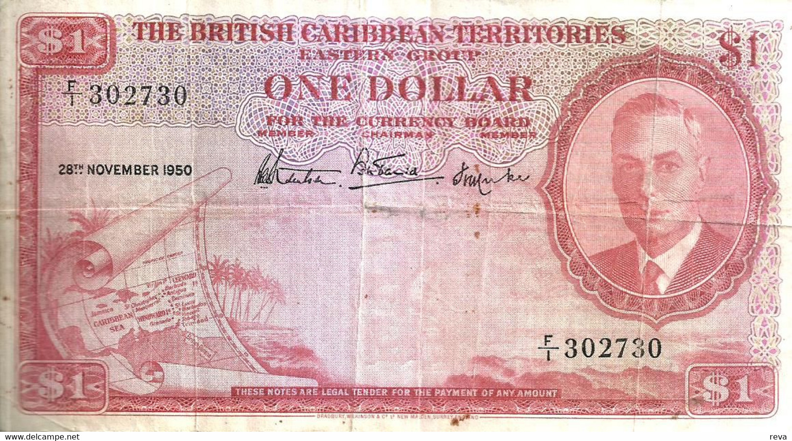 EAST CARIBBEAN TERRITORIES $1 RED  KGVI FRONT SHIP MOTIF BACK DATED 28-11-1950 VF SIGN1 P1a READ DESCRIPTION!! - Autres - Amérique