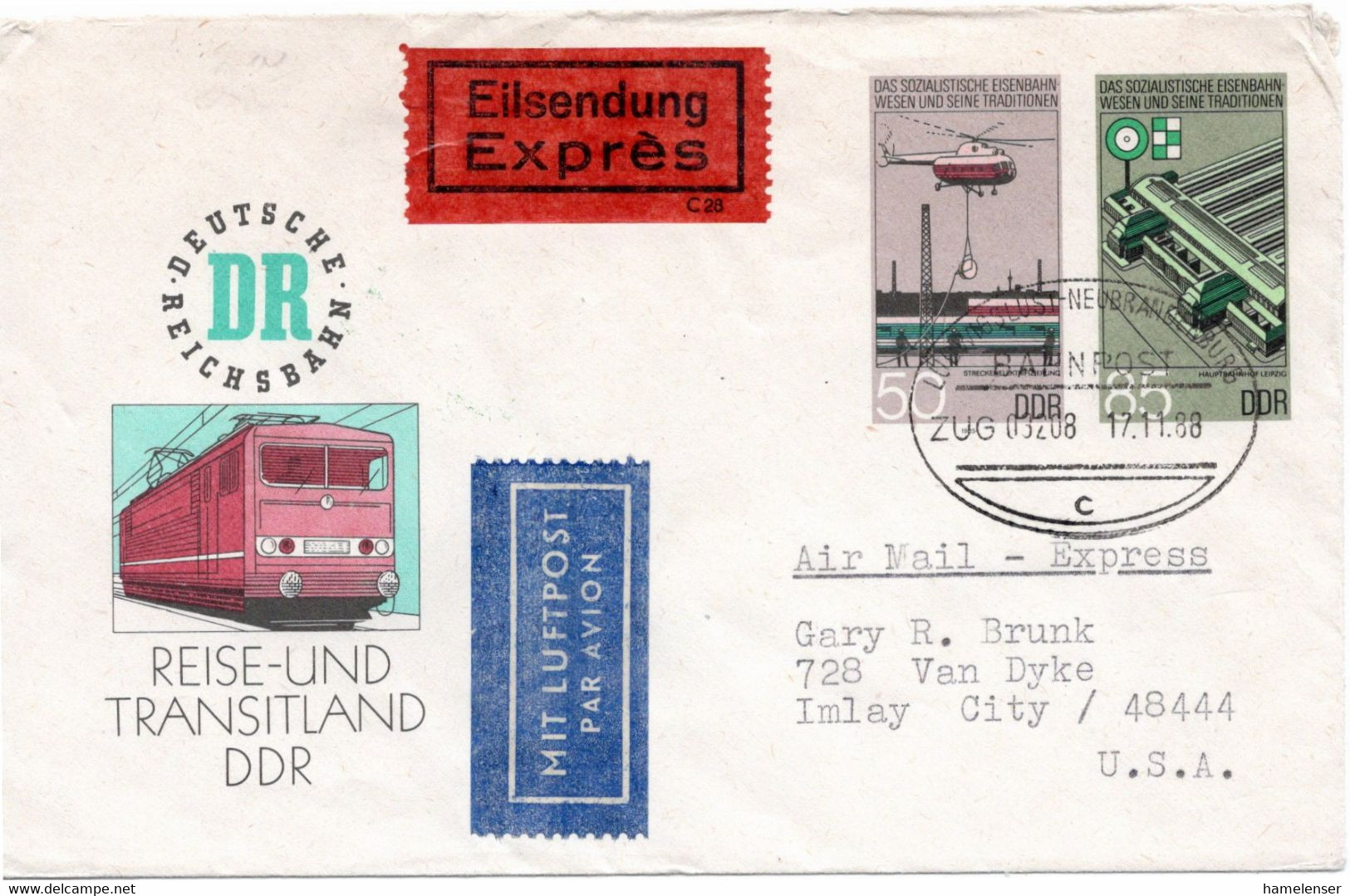 54835 - DDR - 1988 - 50&85Pfg Eisenbahn GABf Per LpEilBf LUDWIGSLUST-NEUBRANDENBURG BAHNPOST -> USA - Treinen