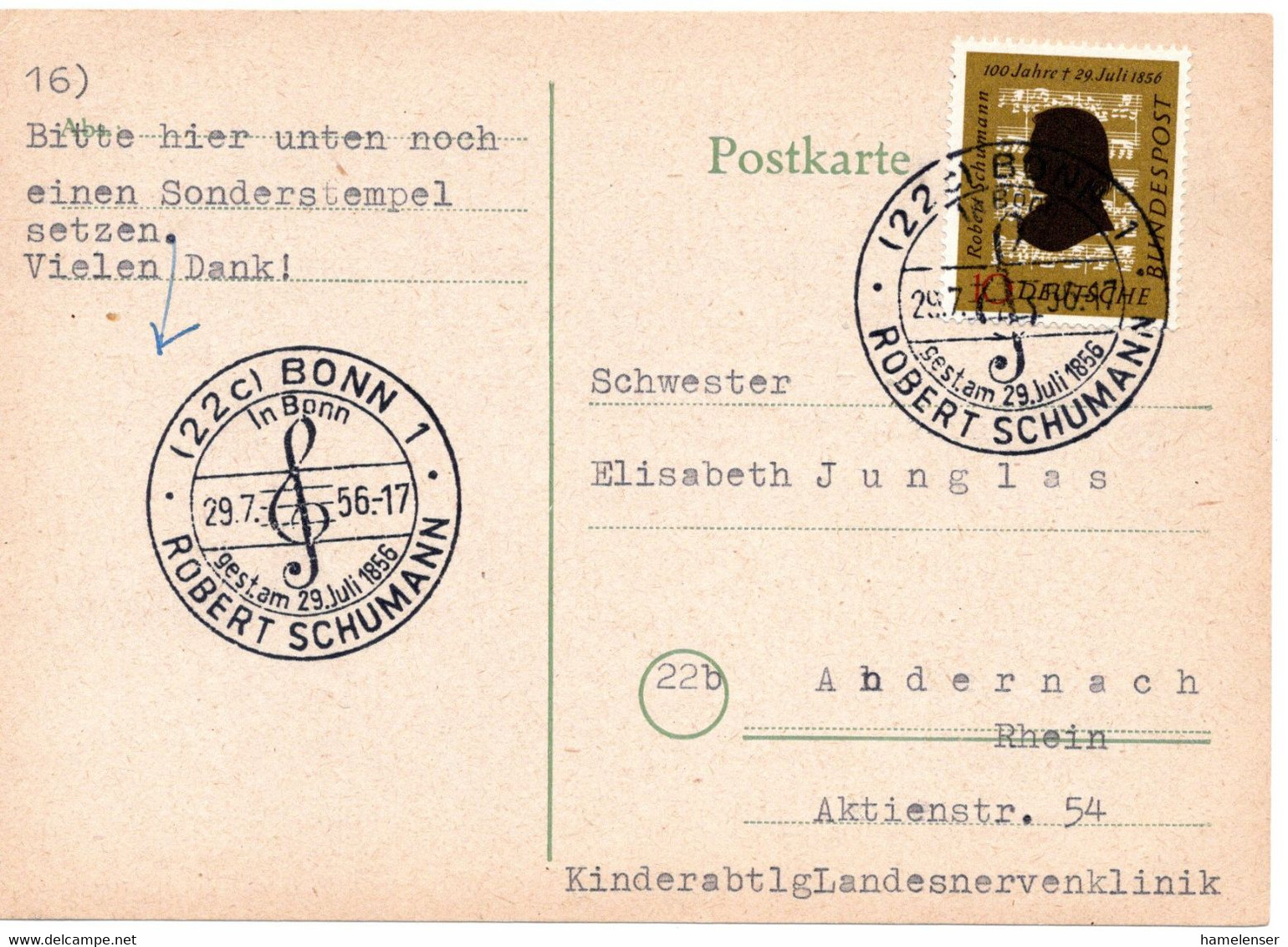 54877 - Bund - 1956 - 10Pfg Robert Schumann EF A Kte ESStpl BONN - ROBERT SCHUMANN -> Andernach - Musica