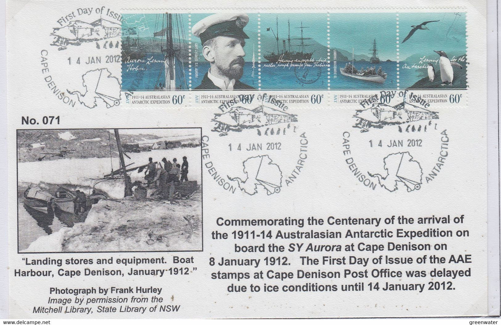 AAT Arrival Expedition At Cape Denison 1912 Landing Stores & Equipment 5v FDC Cape Denison 14 JAN 2012 (MN173A) - FDC
