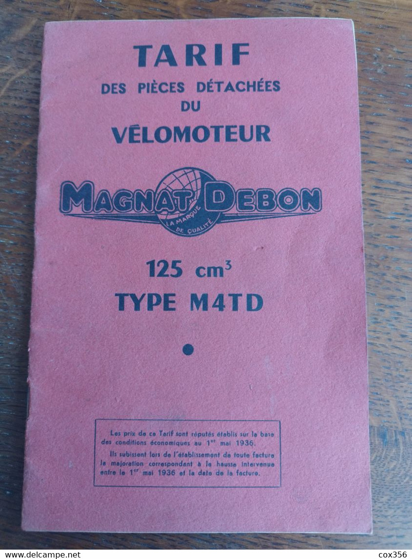 Manuel Et Tarif Des Pieces Detachers Du Velomoteur MAGNAT DEBON 125 Cm 1936 - Moto