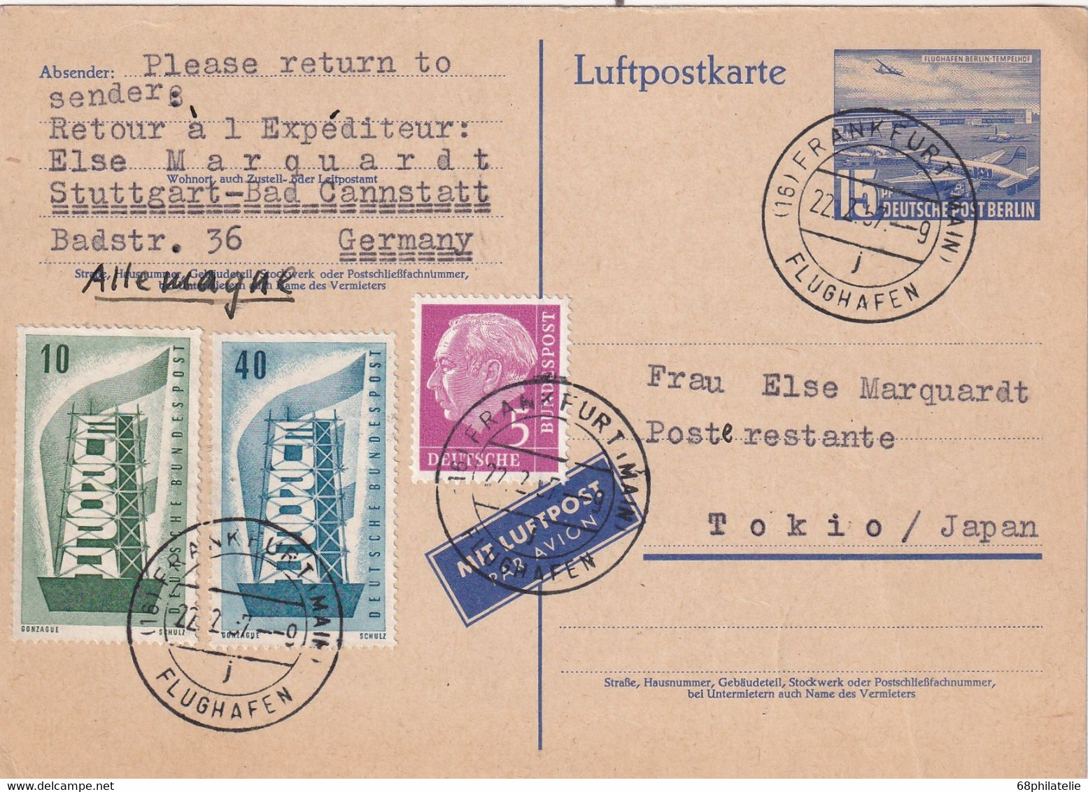 BERLIN    ENTIER POSTAL/GANZSACHE/POSTAL STATIONERY LUFTPOSTKARTE DE FRANKFURT 1957 - Postcards - Used