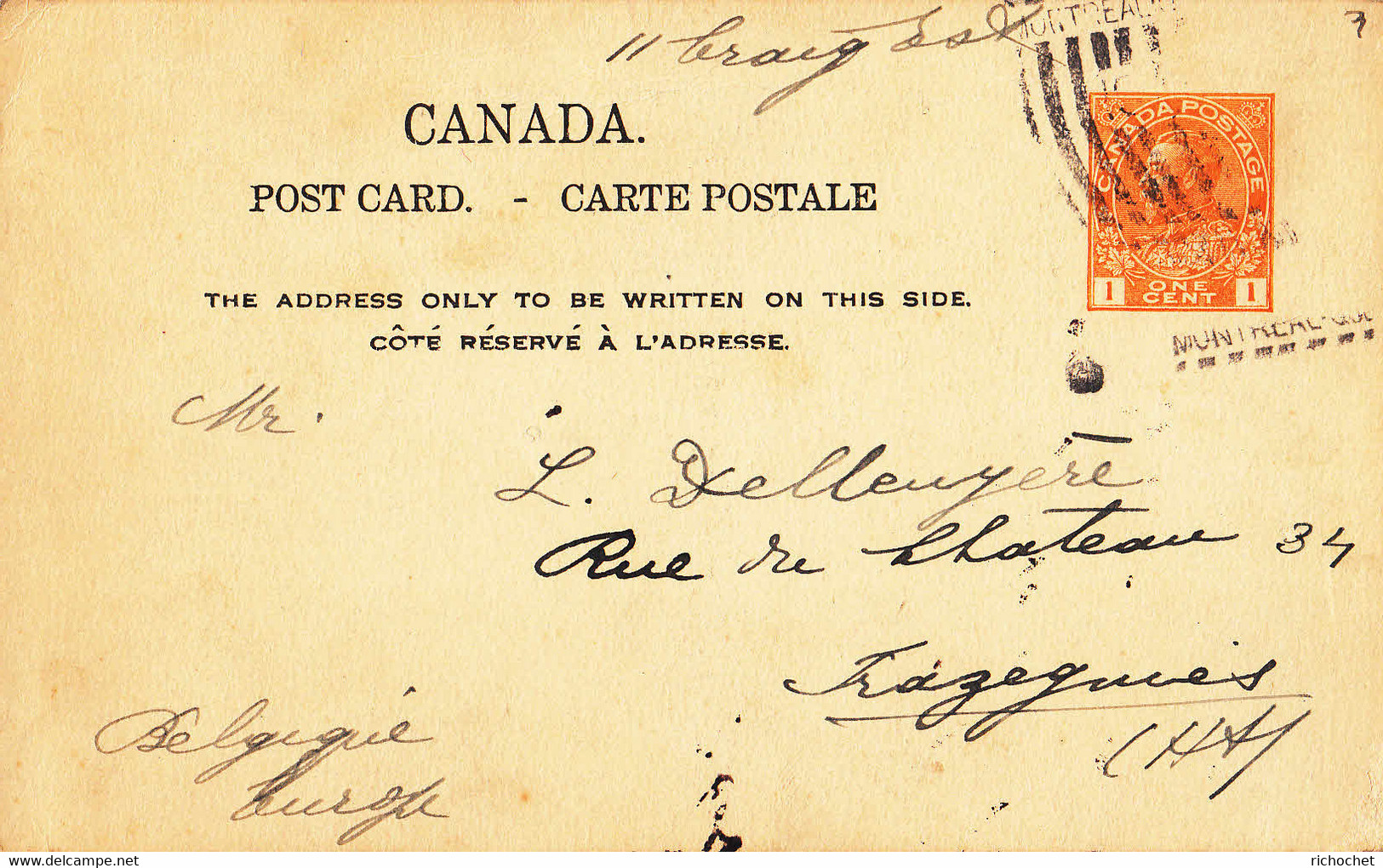 Canada -Entier Postal Georges V 1ct Orange ° De Montréal à Trazegnies Belgique 23/03/1923 - 1903-1954 De Koningen