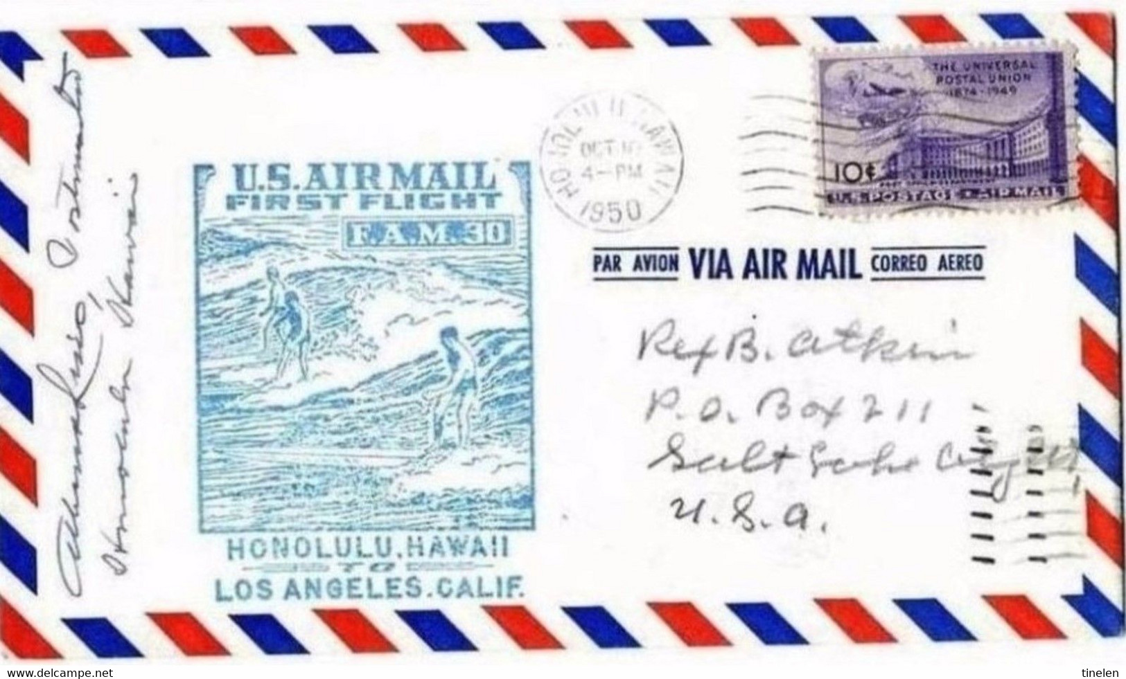 US AIR MAIL  - FAM 30 10 10 1950  FFC  HONOLULU - LOS ANGELES /  SIGNED - Avions