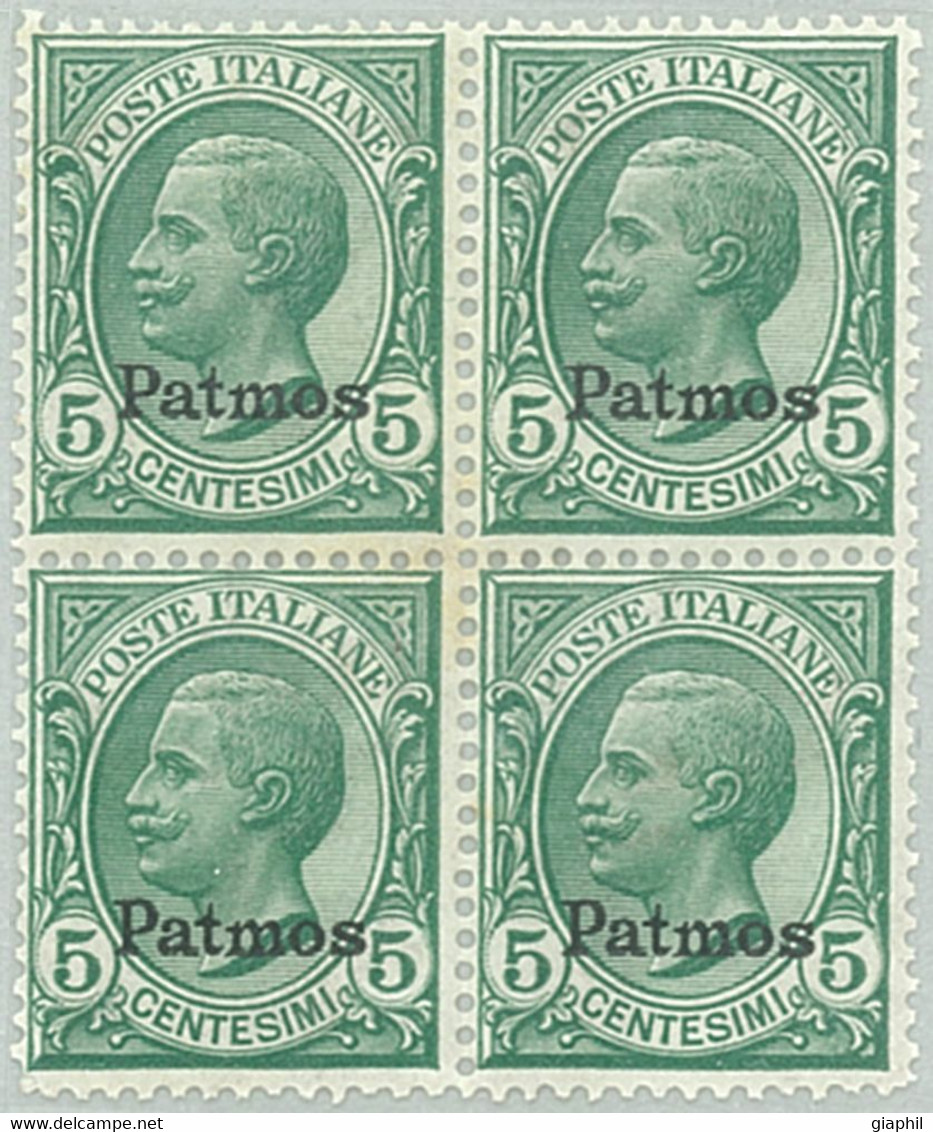 ITALIA ISOLE DELL'EGEO PATMO 1912 5 CENT. (Sass. 2) QUARTINA NUOVA INTEGRA ** OFFERTA! - Aegean (Patmo)