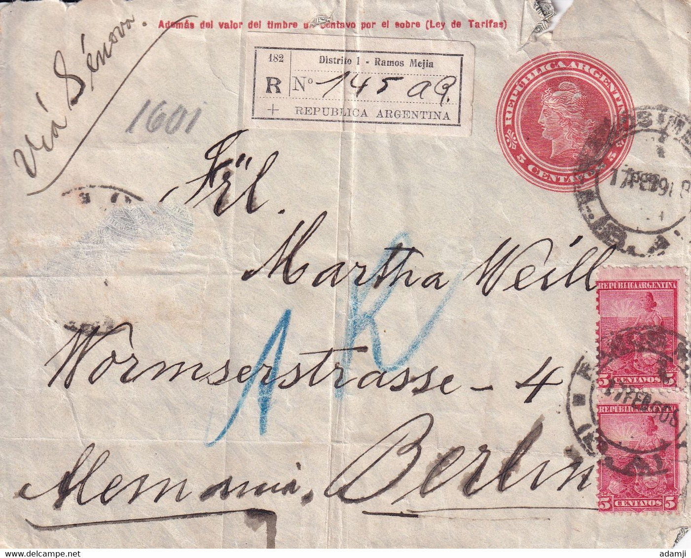 ARGENTINA 1908 COVER TO BERLIN (FRONT PART ONLY. - Briefe U. Dokumente