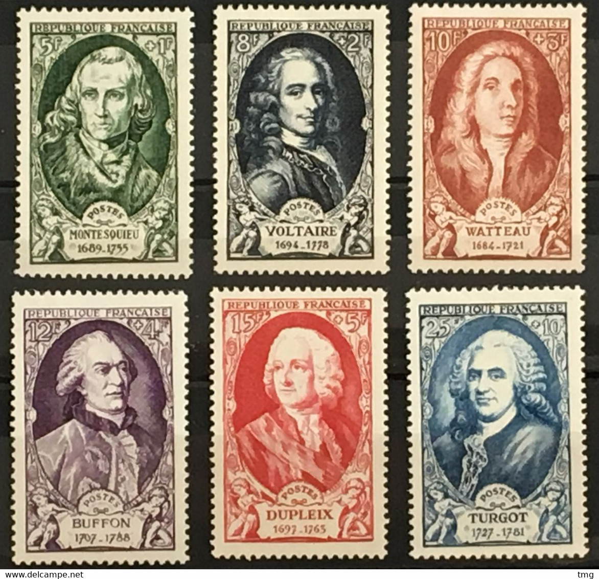 YT 853 A 858 (**) MNH 1949 Montesquieu Voltaire Watteau Buffon Dupleix Turgot (côte 30 Euros) France – Gelu - Neufs