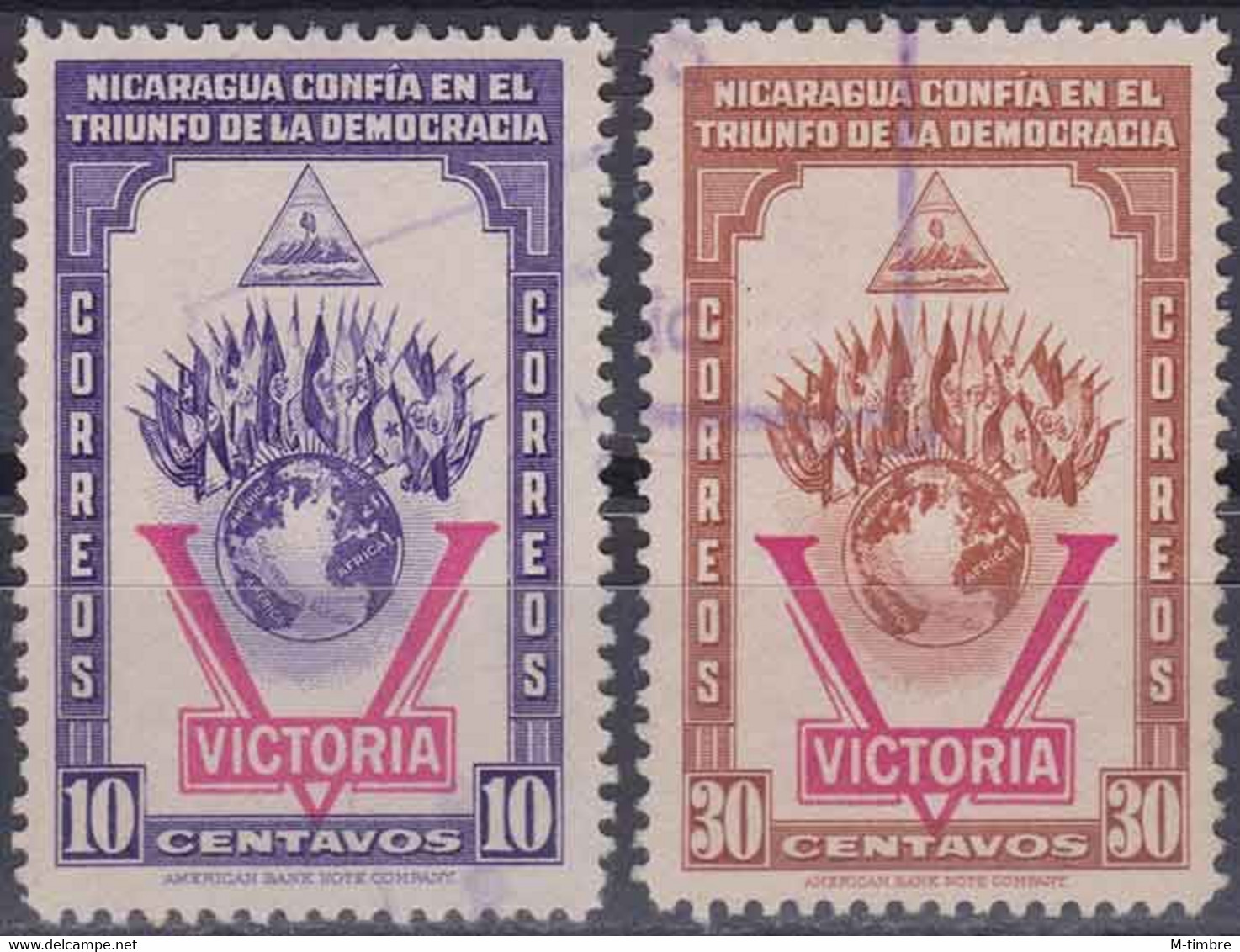 Nicaragua YT 707/708 Mi 921/922 Sn 689/690 Année 1943 (Used °) WWII - Globe - Drapeaux - Nicaragua