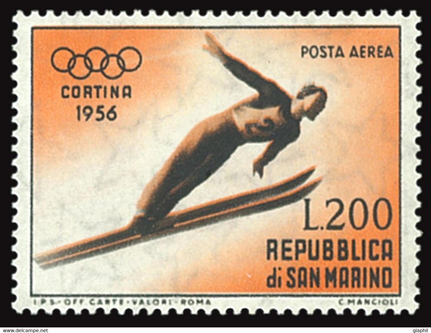 SAN MARINO 1956 POSTA AEREA  CORTINA 200 LIRE (Sass. 116) NUOVO LINGUELLATO * OFFERTA! - Airmail