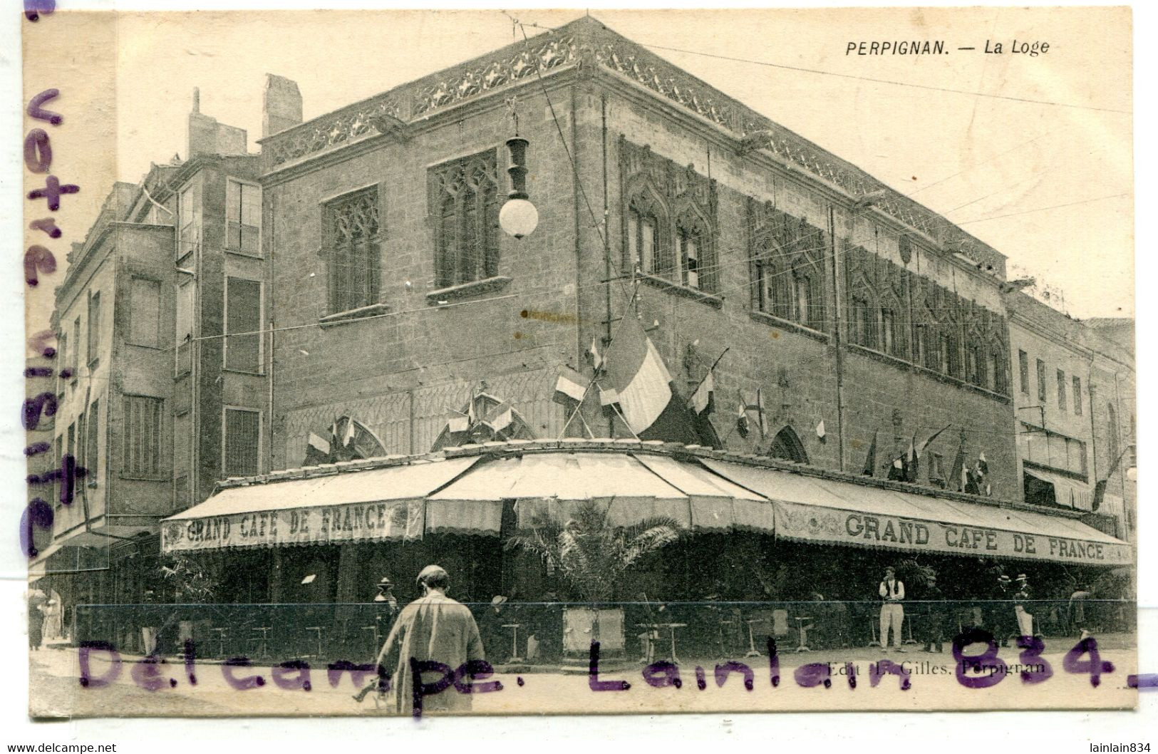 - PERPIGNAN - La Loge, Café De France, Cliché Peu Courant, Drapeaux  Français, écrite, Cachet 1908, TBE, Scans.. - Perpignan