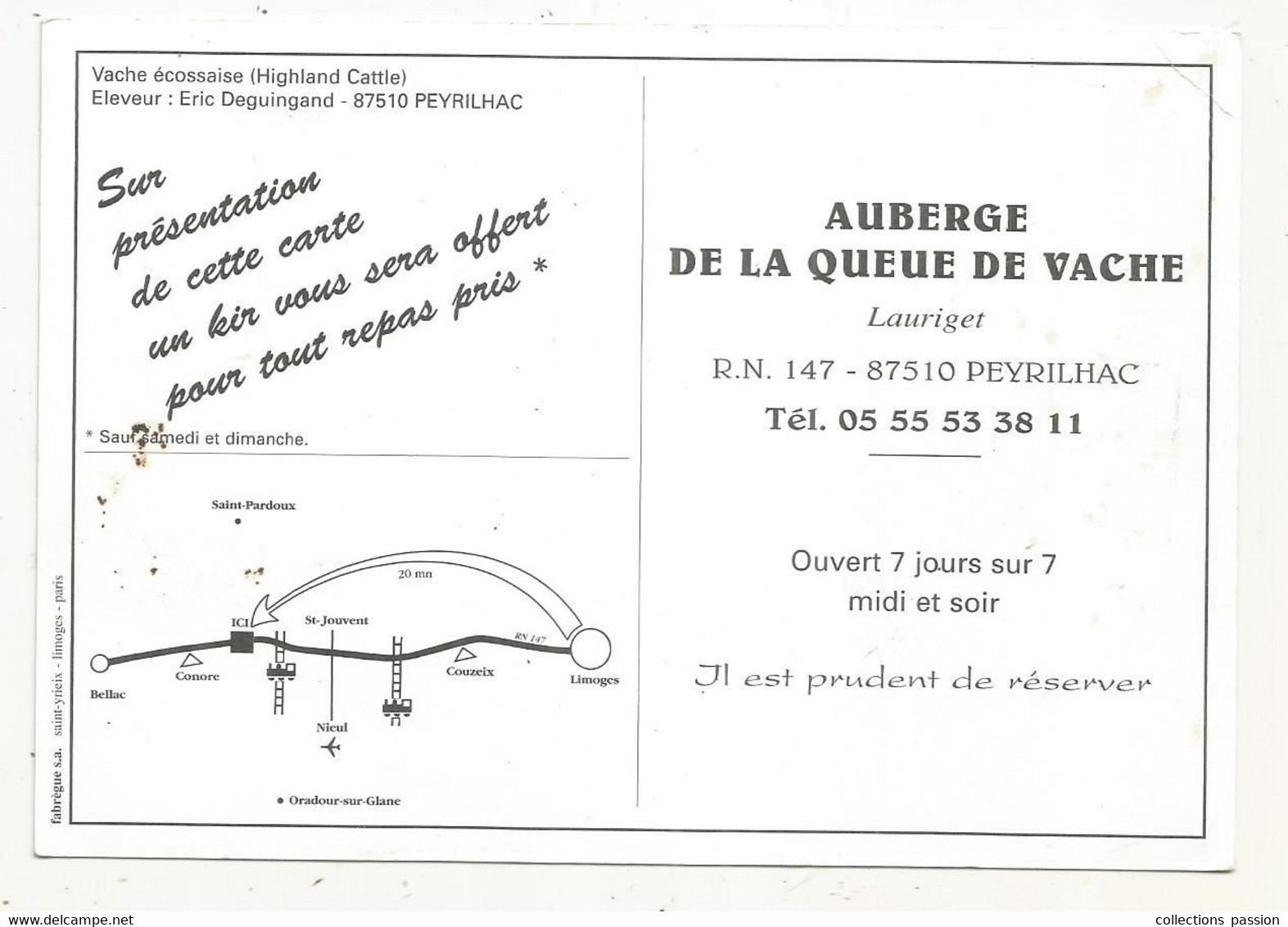 Cp, Publicité , AUBERGE DE LA QUEUE DE VACHA,87, PEYRILHAC ,vache écossaise,2 Scans - Publicité