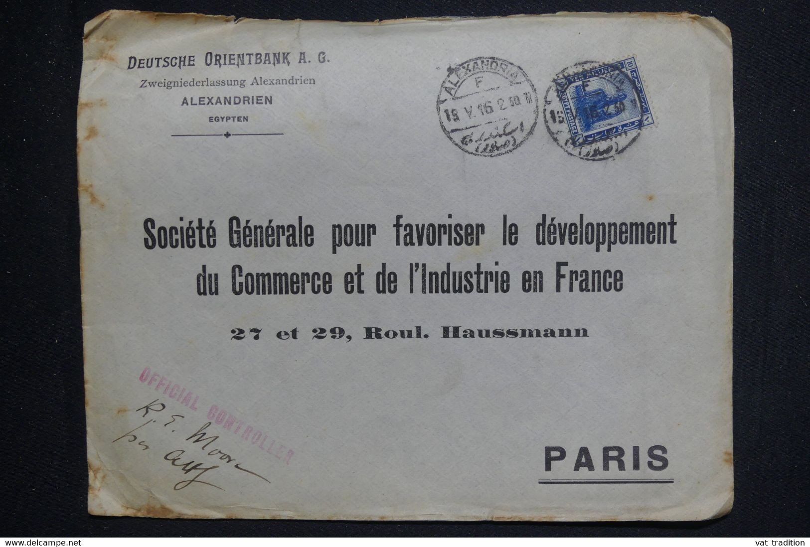 EGYPTE - Enveloppe Commerciale De Alexandrie Pour Paris En 1916  - L 131697 - 1915-1921 British Protectorate