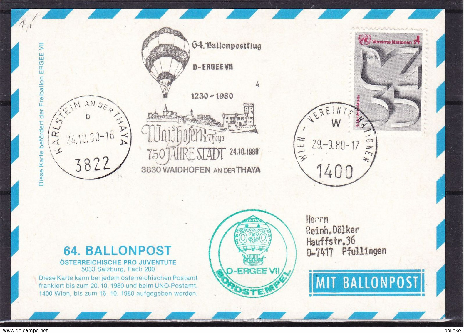 Montgolfières - Nations Unies - Bureau De Vienne - Carte Postale De 1980 - Oblit Wien - Cachet De Karlstein An Der Thaya - Lettres & Documents