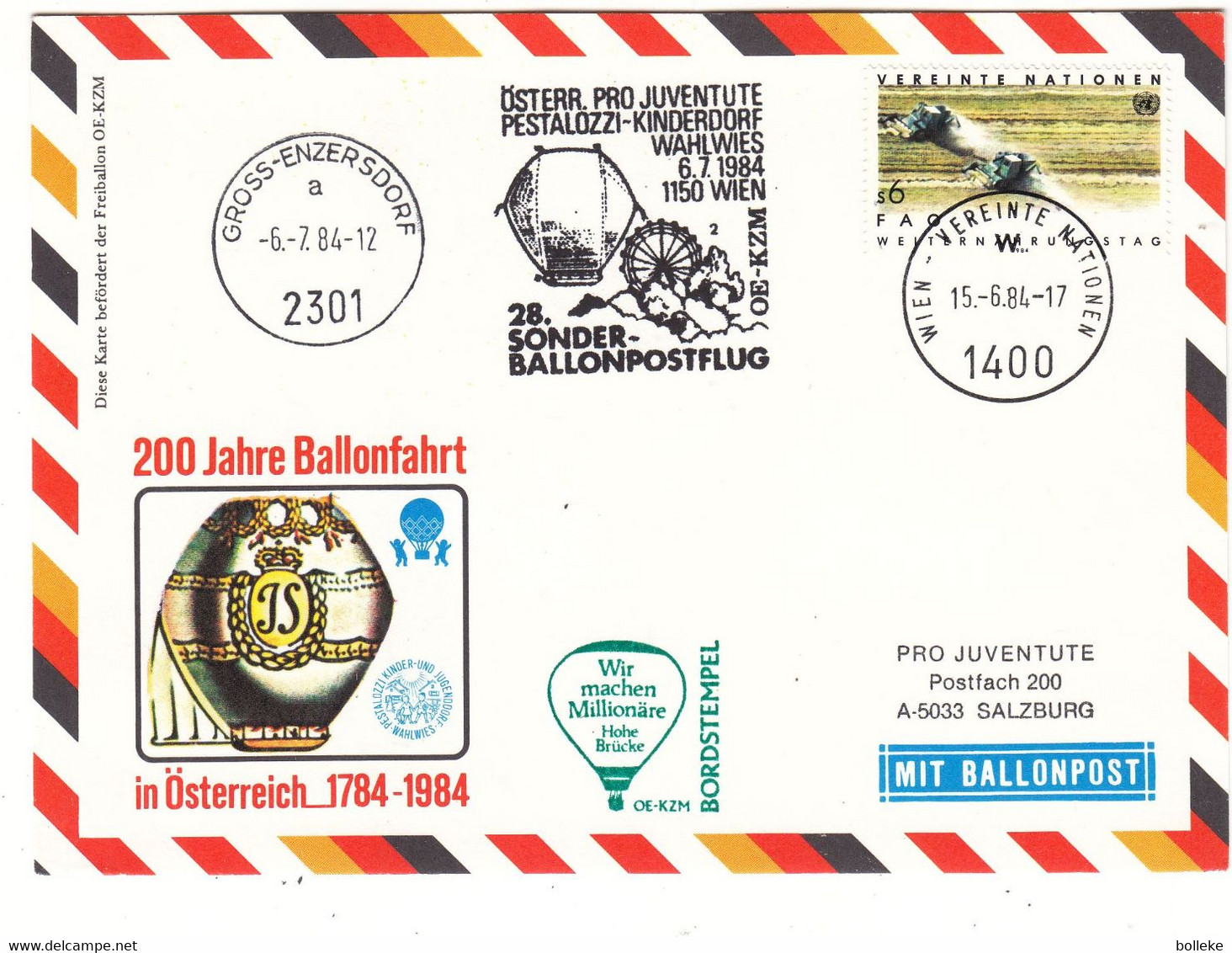 Montgolfières - Nations Unies - Bureau De Vienne - Carte Postale De 1984 - Oblit Wien - Cachet De Gross Enzersdorf - Storia Postale