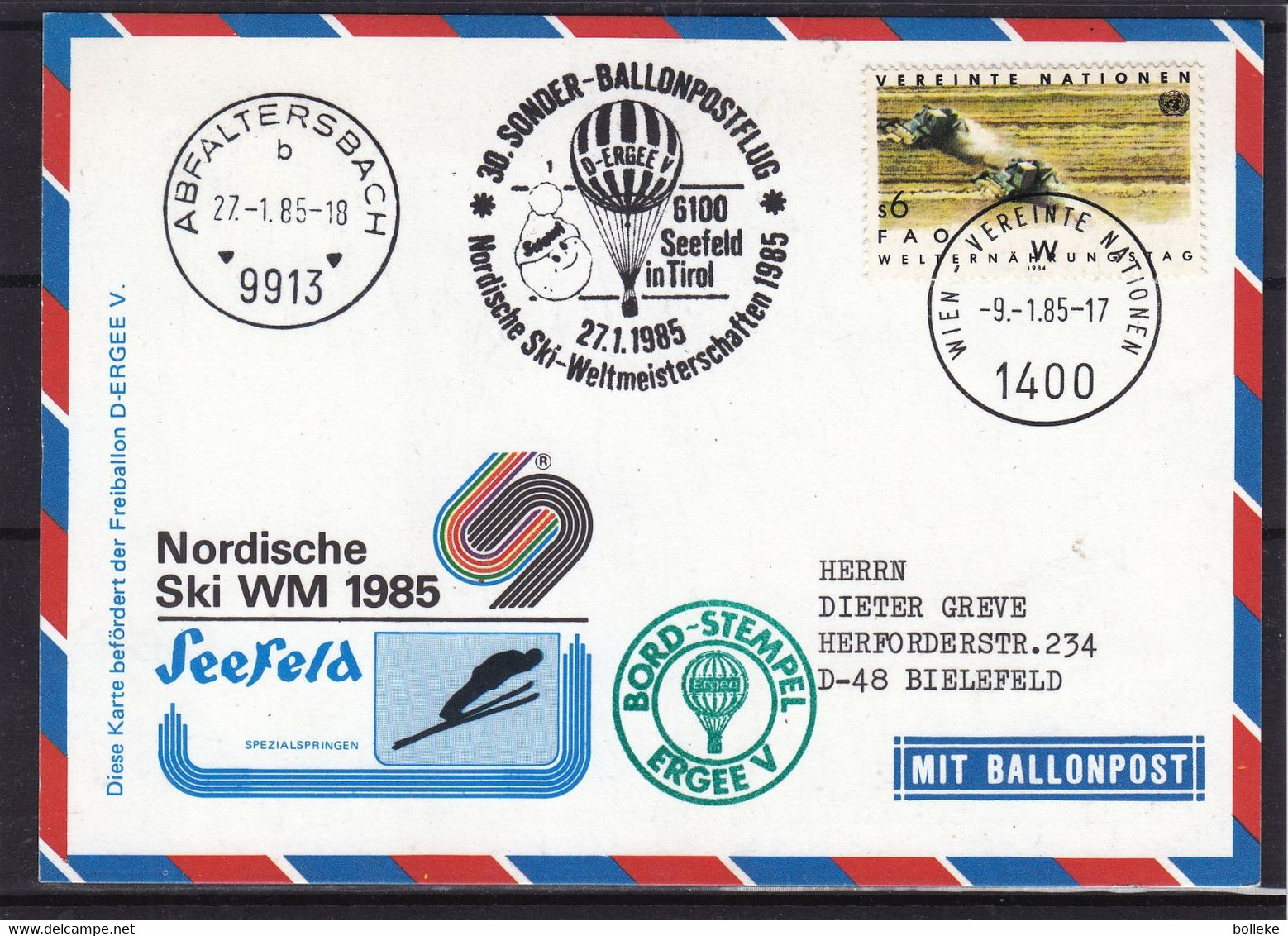 Montgolfières - Nations Unies - Bureau De Vienne - Carte Postale De 1985 - Oblit Wien - Cachet De Abfaltersbach - - Cartas & Documentos