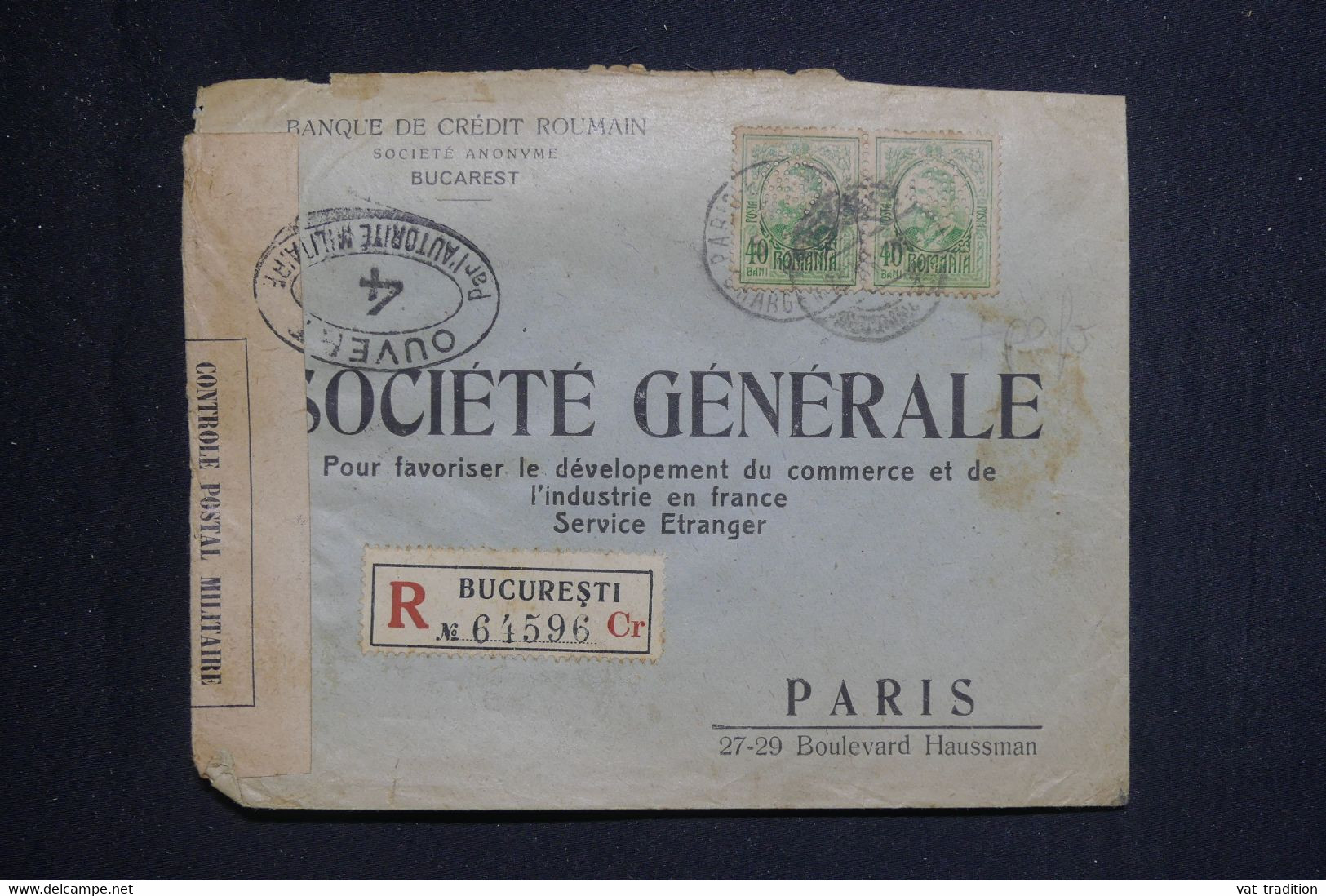 ROUMANIE - Perforés Sur Enveloppe Commerciale En Recommandé De Bucarest Pour Paris Avec Contrôle Postal - L 131702 - Cartas & Documentos