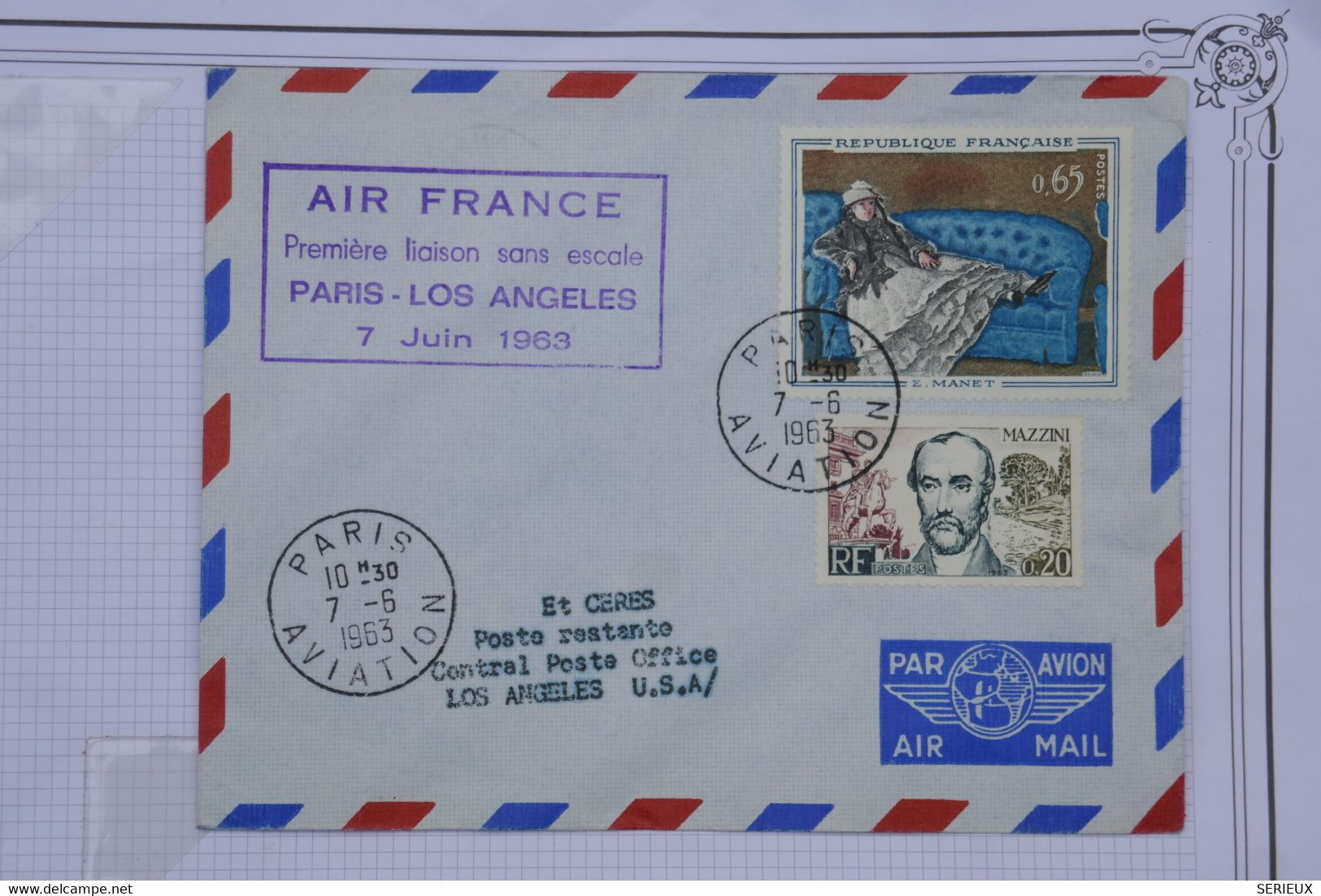 BE12 FRANCE   BELLE LETTRE AIR FRANCE  1963  PARIS A LOS ANGELES  +AFFR.  PLAISANT - 1960-.... Lettres & Documents