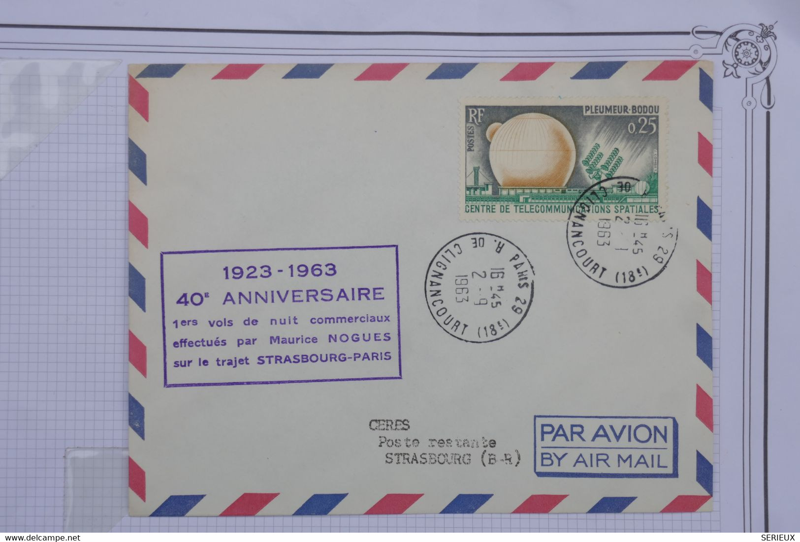 BE12 FRANCE   BELLE LETTRE BOEING   1963  IERE LIAISON  PARIS STRASBOURG +AFFR.  PLAISANT - Premiers Vols