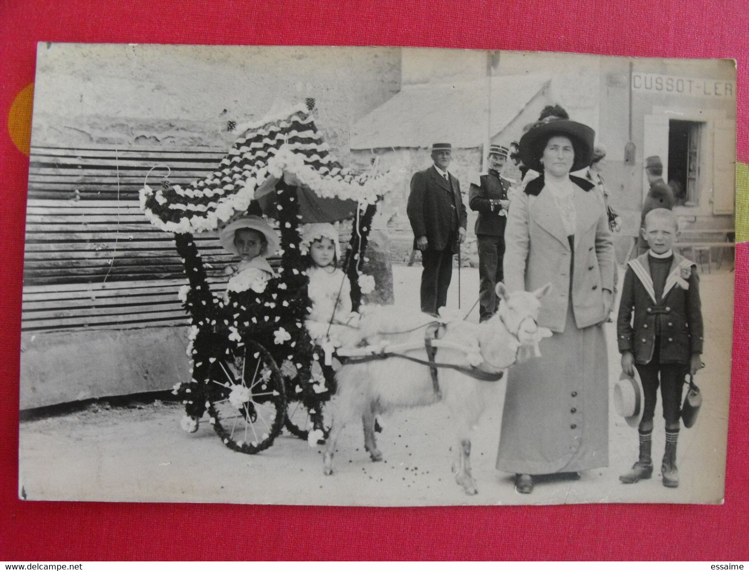 CP. Photographie Attelage Chèvre Ou Mouton. Fête Des Fleurs. Magasin Cussot-Lerouge. Meslay Du Maine. Mayenne 53 - Meslay Du Maine