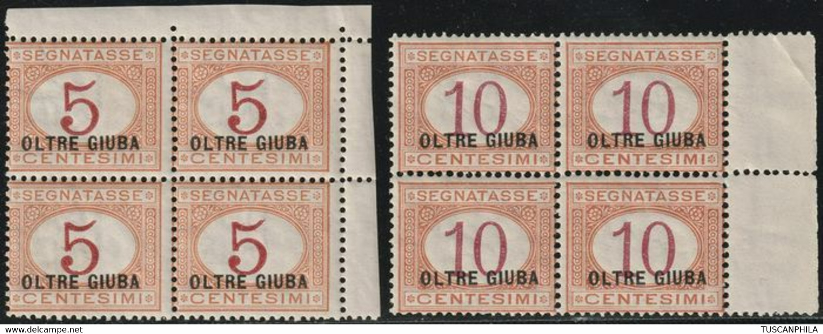 Oltregiuba Italiana 1925 - Segnatasse Soprastampati 5 C. + 10 C. Arancio E Carminio In Quartine Integre - Sassone N.1/2 - Oltre Giuba