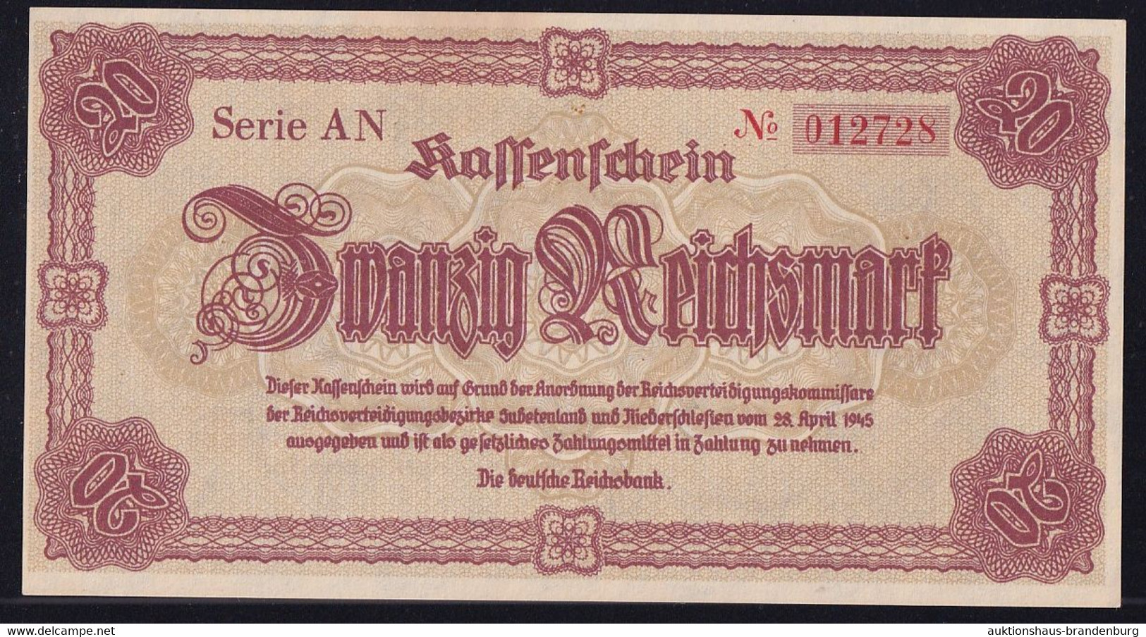 20 Reichsmark 28.4.1945 - Kassenschein Sudetenland U. Niederschlesien - Serie AN (DEU-262) - 20 Reichsmark