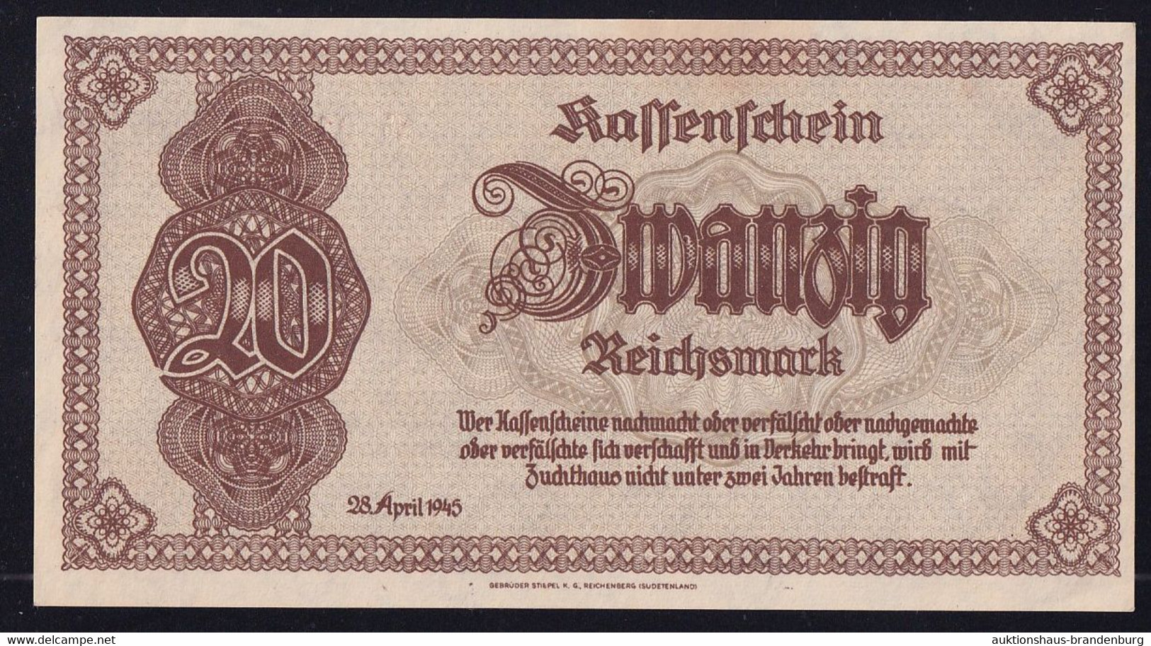 20 Reichsmark 28.4.1945 - Kassenschein Sudetenland U. Niederschlesien - Serie AN (DEU-262) - 20 Reichsmark